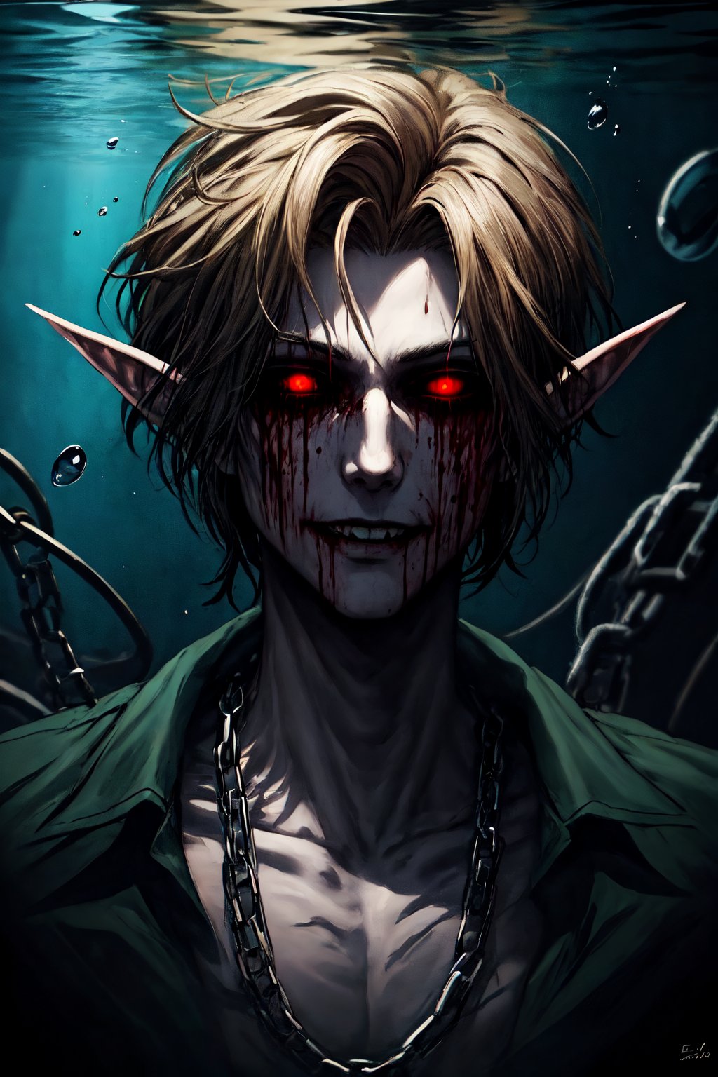 masterpiece, high_resolution, high_detailed, portrait, 1boy, link, elf_ears, blonde, black_sclera, red_eyes, blood_from_eyes, green clothes, psycho smile, sumerged room, underwater, chains, dark atmosphere,ben_drowned,fantasy00d