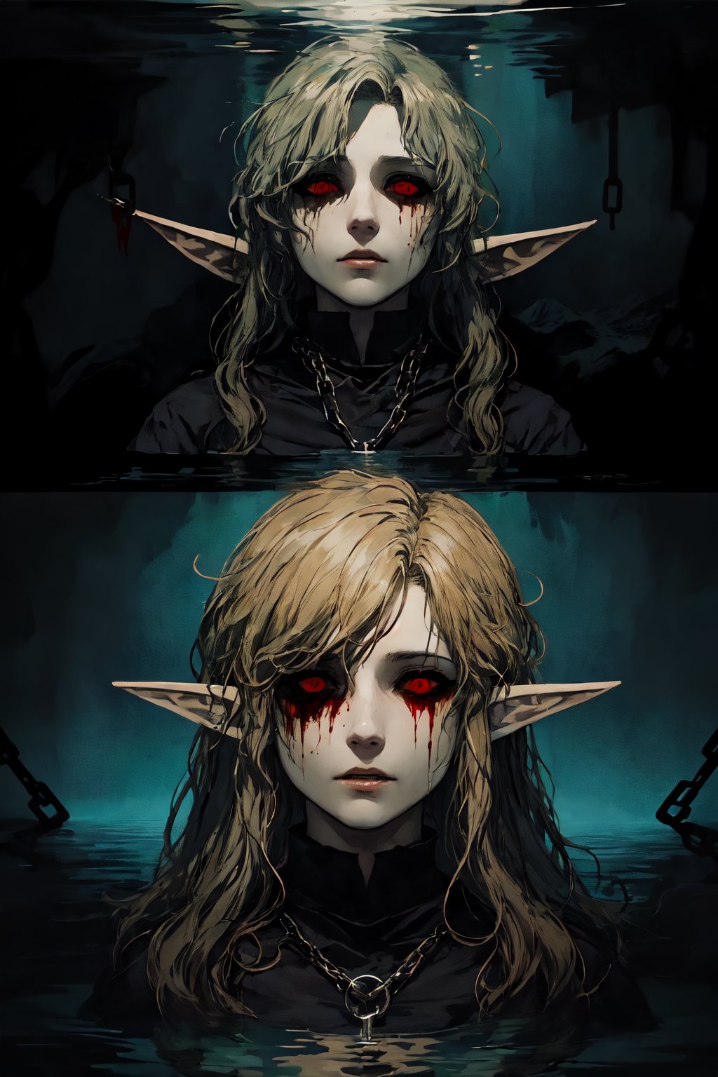 masterpiece, high_resolution, high_detailed, portrait, link, elf_ears, blonde, black_sclera, red_eyes, blood_from_eyes, psycho face, sumerged room, underwater, chains, dark atmosphere,ben_drowned,nodf_lora