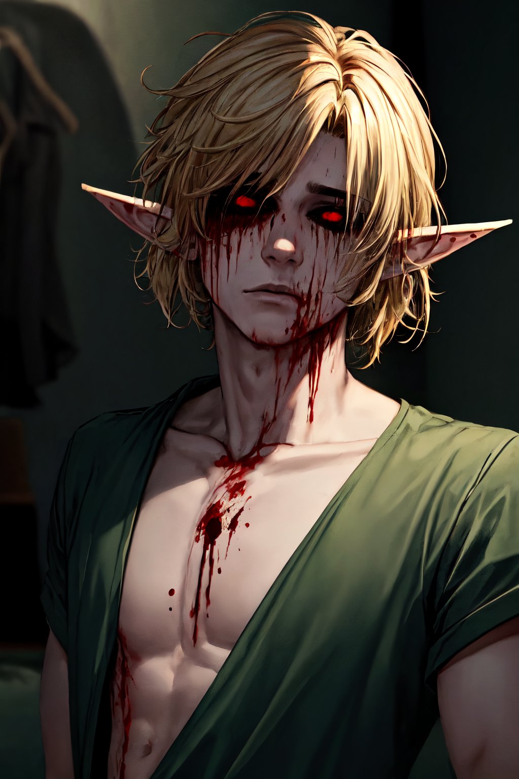 masterpiece, high_resolution, high_detailed, 1boy, elf_ears, blonde, black_sclera, red_eyes, blood_from_eyes, sad_face, green_clothes, creepy, bloody room, dark atmosphere,ben_drowned