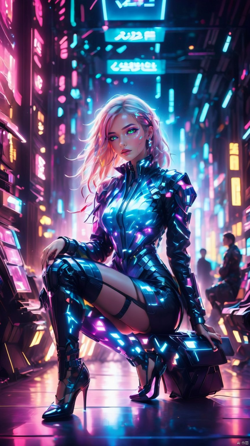  1girl, custom-made suits, high heels, delicate handbags,sitting in the front row, one hand on his chin, watching the catwalk show,the brightly-lit venue of Fashion Week,a bright light that focuses on the stage,Fashion Elite, showing the focus and love of fashion,glowing, KALEIDOSHATTER, Android and cyberpunk futuristic image