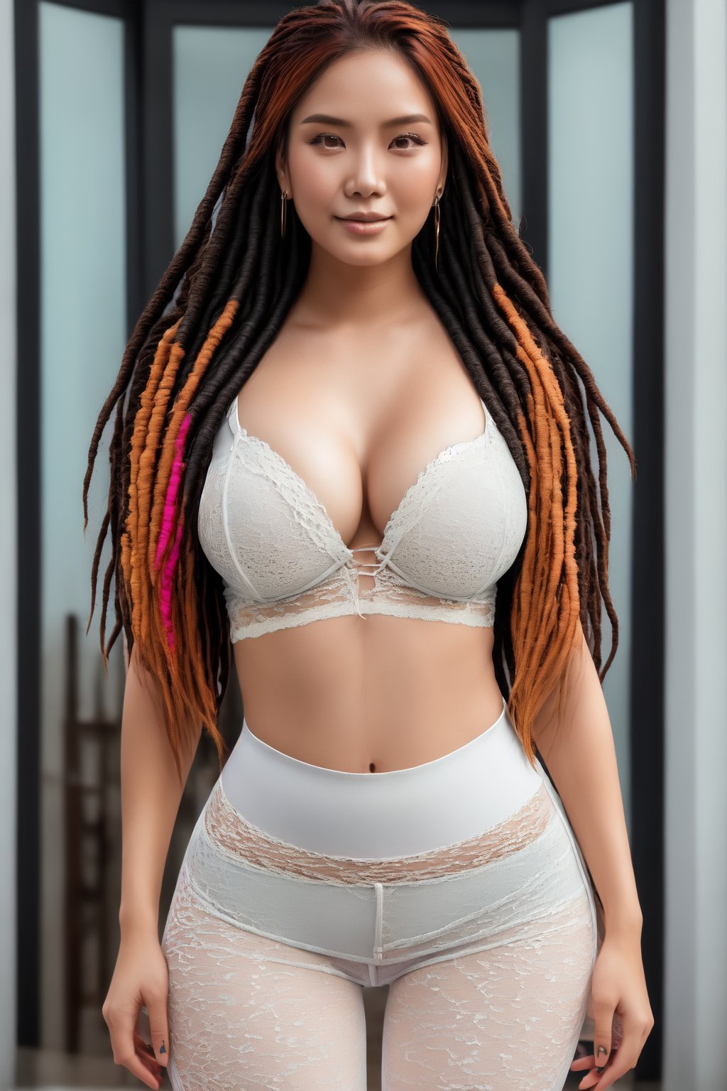 (1 beautiful and perfectly gorgeous Asian girl long dreadlocks hair style with olaplex brand care products and makeup by rare beauty and pat McGrath labs and skin care by ordinary), ((multicolored hair color:1.3)), perfect detailed face, realistic face texture, Instagram model, stunning, realistic photo, ((medium boobs)), ((tight hips)), ((tight thighs)), ((she is dressed in a tight white lace pants)), She is posing very sexy. perfect_body, sexy_pose, blurry_background, thin_smile. full_body, (viewed from the front), Looking into the camera,Photorealistic,Realism,Base model,photorealistic