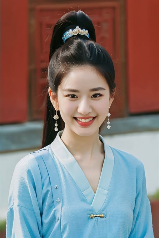 1girl, solo, looking at viewer, smile, black hair, hair ornament, upper body, ponytail, teeth, grin, black eyes, blurry background, chinese clothes, realistic