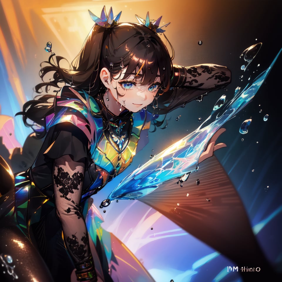 momobanger, extremely detailed cg 8k wallpaper,bright colors,Dramatic light,photoreal full body,fantasy art,game art,character oil painting by Amano Yoshitaka,Thick acrylic illustration on pixiv,Full body portrait,light background,iridescent colors,watery eyes,beauitful face, (A photo of Korean idol playing on the stage of concert), ((upperbody)), 1girl, smile ((black dress, long sleeves, water drop:1.4)), wet body, wet long wavy hair, twintail, ((wearing black dress)), in a thunderous stage background, glamour necklace, bracelet, cinematic, high detail, 4k resolution, shot on a 35mm film, bokeh effect, motion blur, aesthetic, beautiful composition, soft natural lighting, atmospheric depth, serene atmosphere, (beautiful face),thin face,slim,oval face,perfect face,delicate face,eyes detailed, render,high-precision shadows,(upper body:0.8),(imid shot:1.25),(Detailed face description),(Detailed hair description),(Detailed clothes description), {Extremely Delicate Beautiful},(detailed eye description),((Delicate Faces)),(Beautiful and detailed facial depiction), momobanger,realhands,firefliesfireflies,night sky