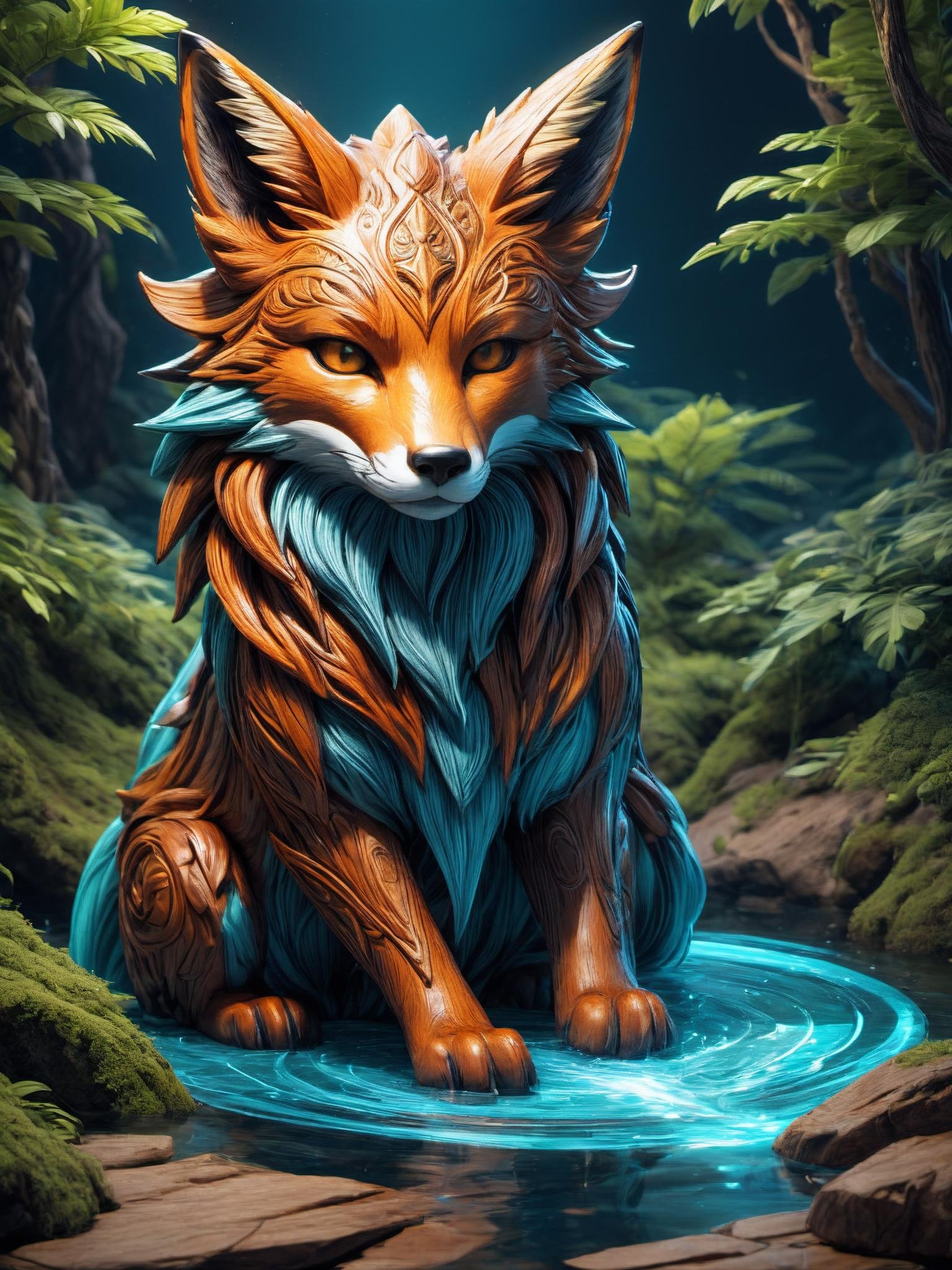 isometric style (wooden spirit fox totem) <lora:LoromXL_Druidic_Naturalism:0.6>,  vibrant, stunningly beautiful, crisp, detailed, sleek, ultramodern, warm natural highlights, dark aquamarine shadows, high contrast, luminous reflections, rtx on, subsurface scattering, dynamic hdr tone mapping, volumetric lighting, screenspace reflection, Physically-Based Rendering, Unity Wētā environmental water . vibrant, beautiful, crisp, detailed, ultra detailed, intricate