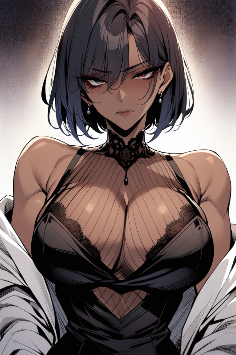 1girl,solo,milf,dark_skin,strong_makeup,eyeliner,shaded_face,shaded_face,cold_personality,intimidating,mature_female,dangerous_expression,dress,black_hair,bob_cut,(masterpiece,best quality,highres:1.3),detailed,manhwa, detailed_face