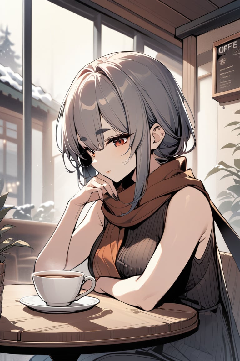 amiya(arknights), 1girl,8k wallpaper,extremely detailed figure, amazing beauty, detailed characters, {detailed background},aestheticism, sitting, winter, coffee shop, corner, coat, scarf, large breasts, gray hair, red eyes, emotionless, obedient, obedient, thick eyebrows, small nose, full lips, long eyelashes, delicate neck, slender shoulders, bare arms, delicate hands, long fingers, pointed nails, high cheekbones, oval face, smooth skin, rosy cheeks, cup of coffee, saucer, steam, warm, cozy, comfortable, relaxed, calm, quiet, peaceful, serene, contemplative, close-up, best quality, amazing quality, very aesthetic, absurdres