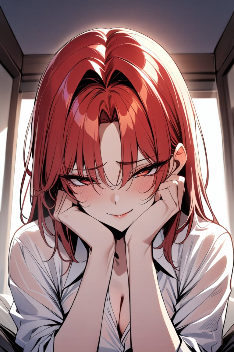 1girl,solo,mature_female,hands_on_own_face,yandere sample,yandere,heart_shaped_pupils,love,milf,smirk,red_hair,hair_intakes,forehead,slender,white_shirt,(masterpiece,best quality,highres:1.3),detailed,manhwa, detailed_face