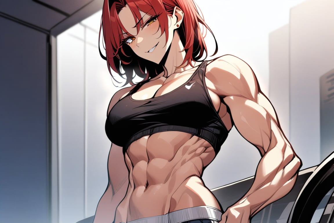 1girl,solo,mature_female,milf,smirk,red_hair,hair_intakes,forehead,slender,toned_stomach,abdomen_line,tank_top,(masterpiece,best quality,highres:1.3),detailed,manhwa, detailed_face