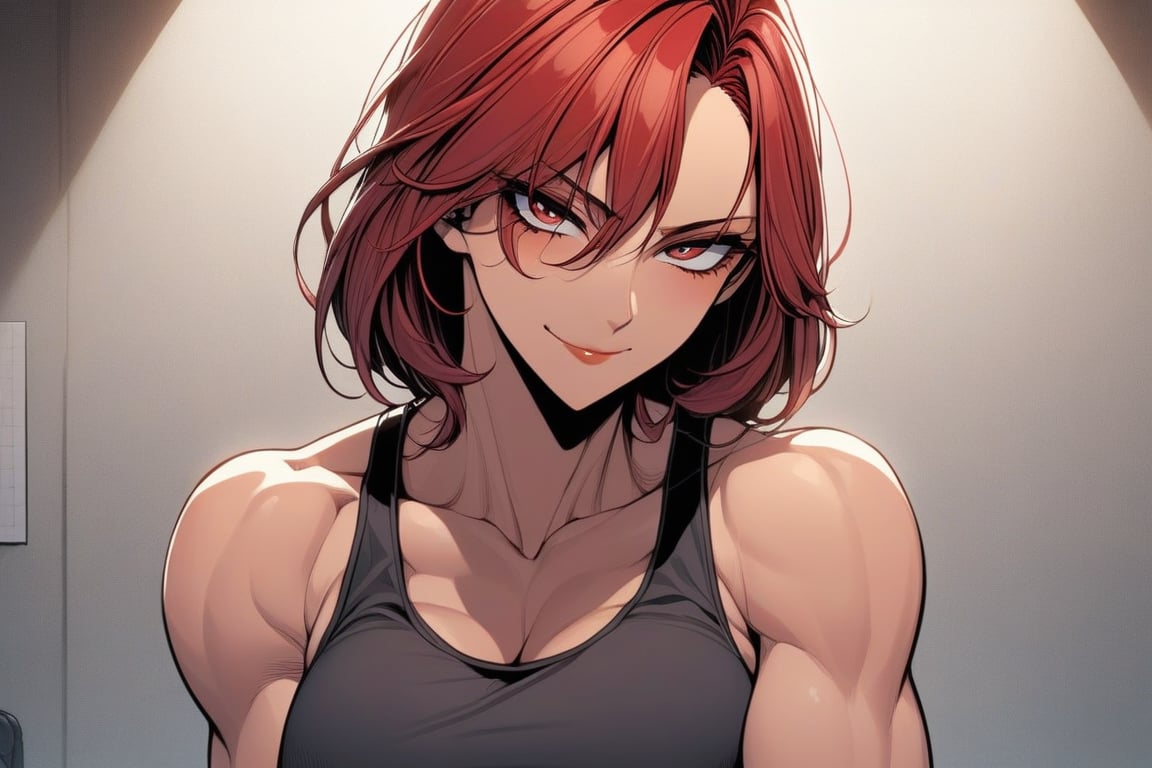 1girl,solo,mature_female,heart_shaped_pupils,love,milf,smirk,red_hair,hair_intakes,forehead,slender,toned_stomach,abdomen_line,tank_top,(masterpiece,best quality,highres:1.3),detailed,manhwa, detailed_face