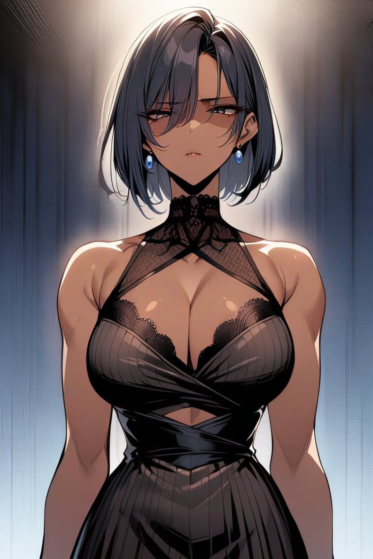 1girl,solo,milf,dark_skin,shaded_face,shaded_face,cold_personality,intimidating,mature_female,dangerous_expression,dress,black_hair,bob_cut,(masterpiece,best quality,highres:1.3),detailed,manhwa, detailed_face