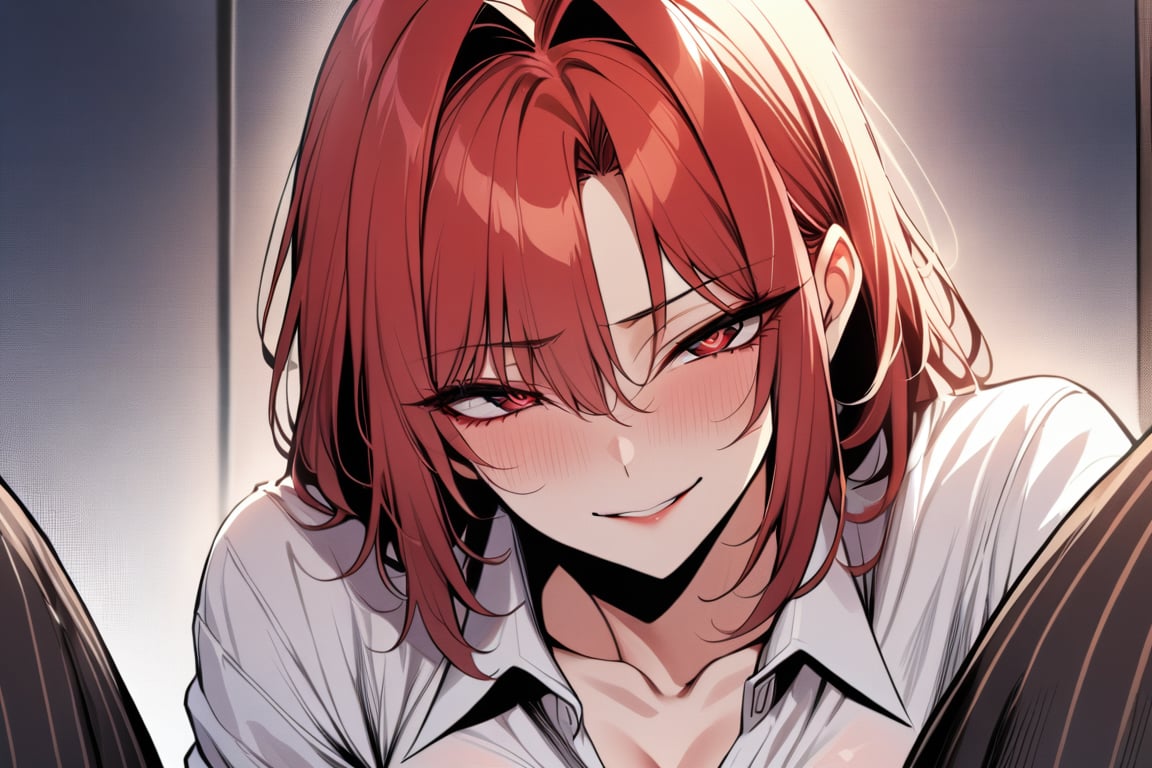 1girl,solo,mature_female,yandere sample,yandere,heart_shaped_pupils,love,milf,smirk,red_hair,hair_intakes,forehead,slender,white_shirt,(masterpiece,best quality,highres:1.3),detailed,manhwa, detailed_face