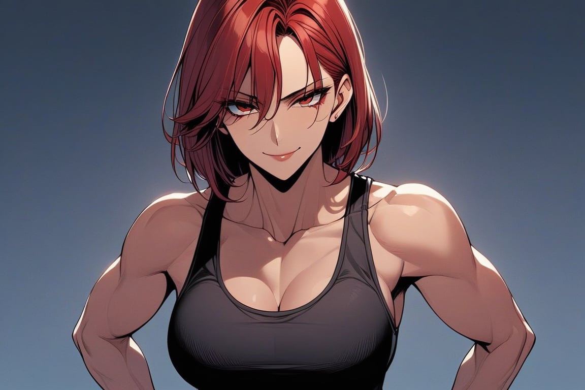 1girl,solo,mature_female,milf,smirk,red_hair,hair_intakes,forehead,slender,toned_stomach,abdomen_line,tank_top,(masterpiece,best quality,highres:1.3),detailed,manhwa, detailed_face