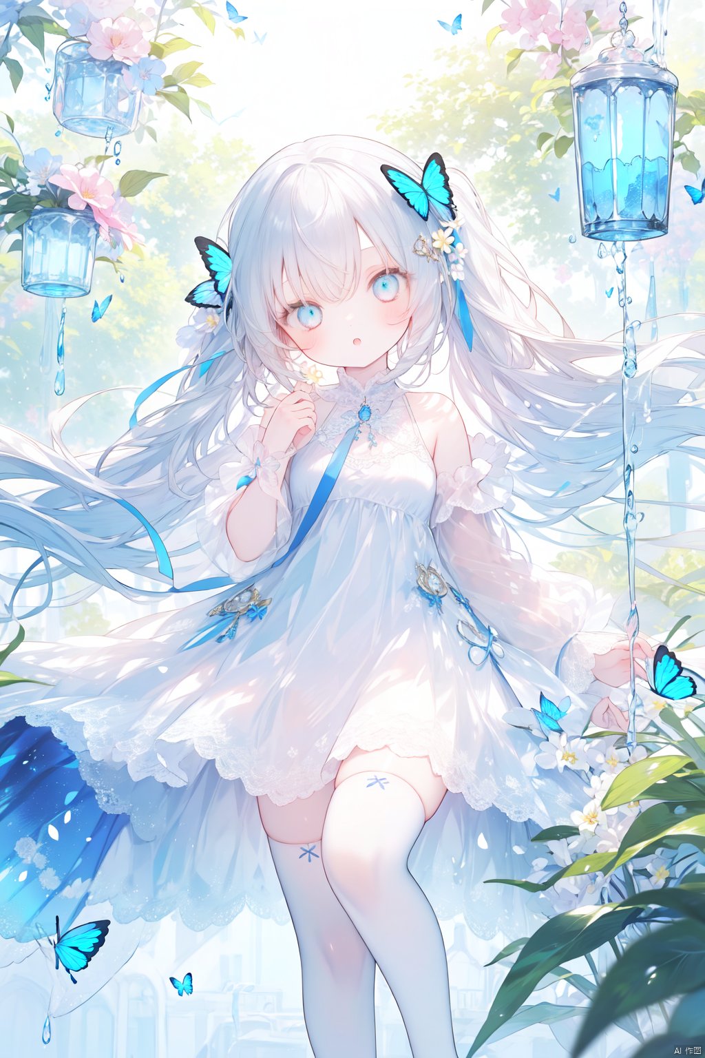  loli,long hair,1girl, white hair, blue_eyes, flower, full_body, hair_ornament, lily_\(flower\), long_hair, long_sleeves, looking_at_viewer,, solo, white thighhighs, depth of field, butterfly, fantasy white dress,butterfly,fantasy, head tilt, straight hair,, shamed, :o, bare shoulders