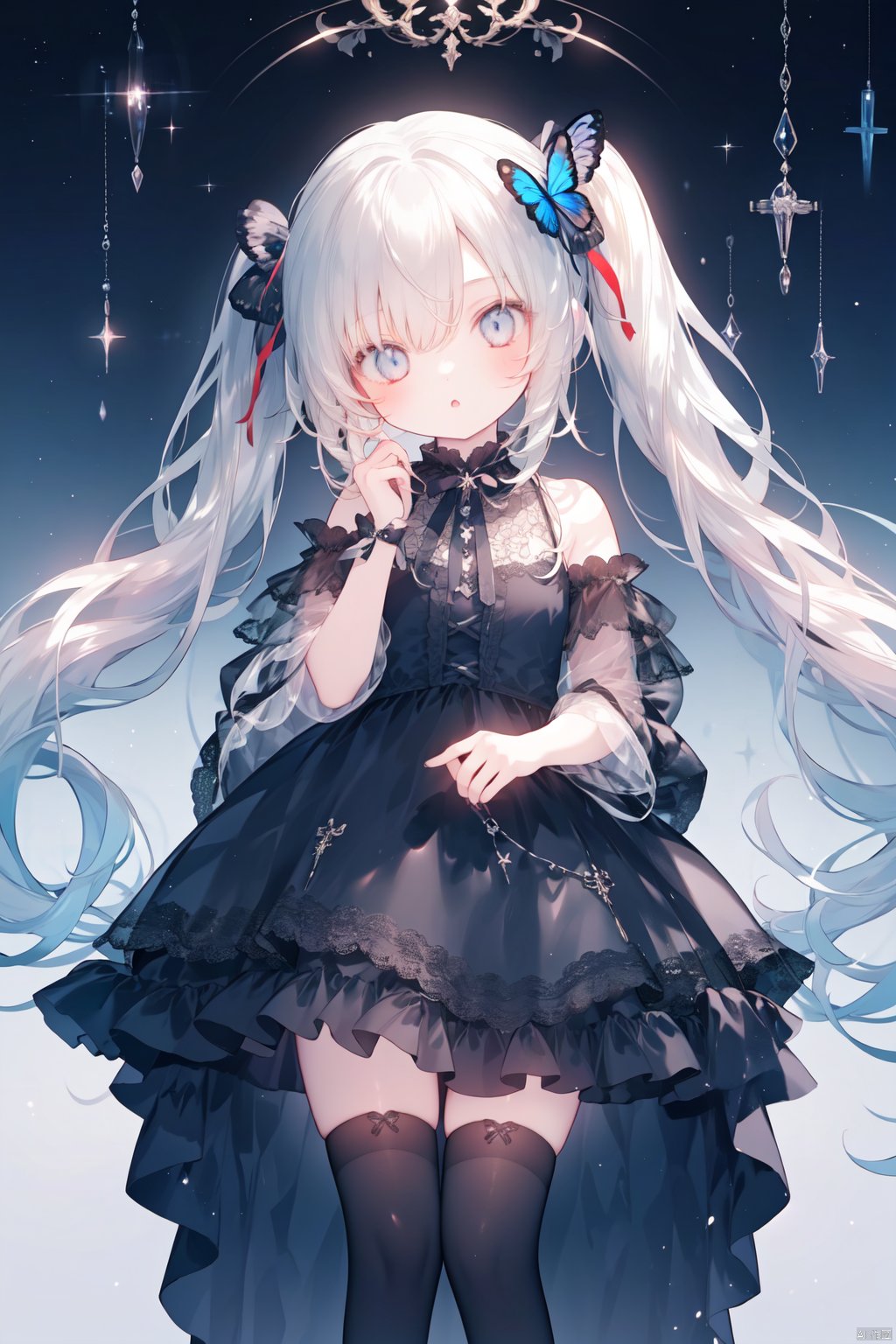 1girl, loli, long hair, twintails, dress, black thighhighs, gothic, 
standing, no shoes,
butterfly, head tilt, :o, night, star, cards,