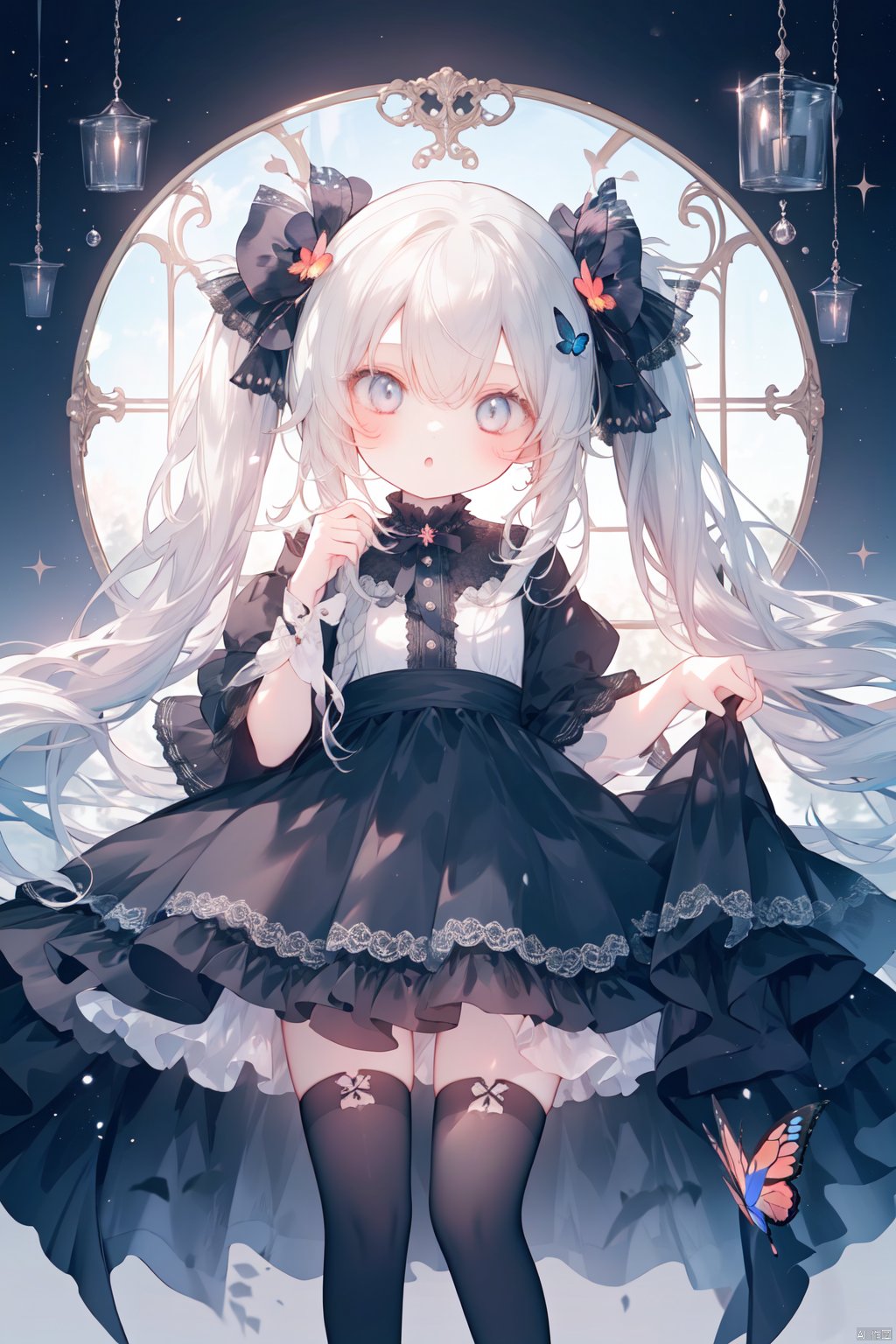 1girl, loli, long hair, twintails, dress, black thighhighs,dress lift, gothic, 
standing, no shoes,
butterfly, head tilt, :o, night, star, cards,