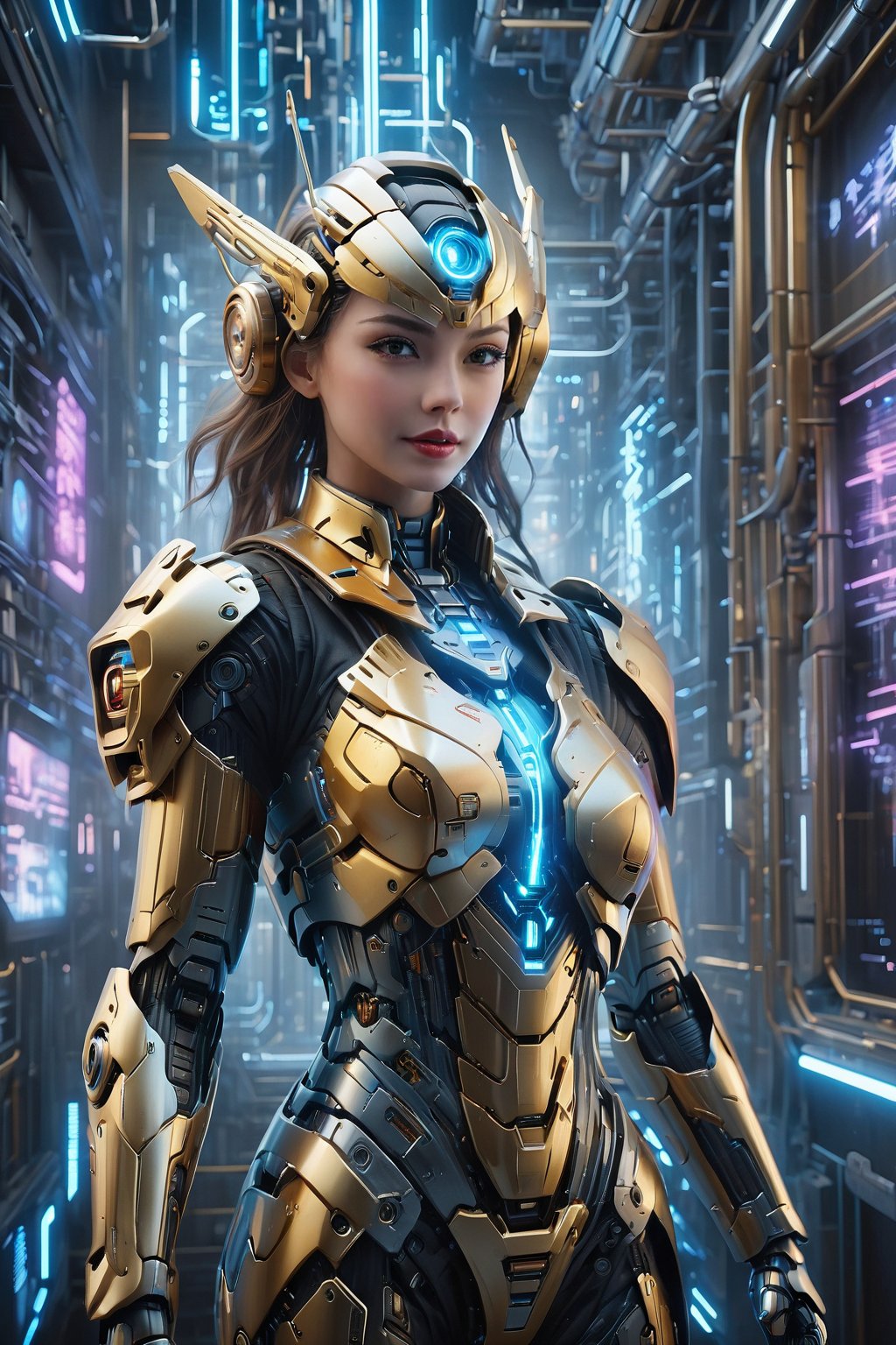 Masterpiece, High quality, 64K, Unity 64K Wallpaper, HDR, Best Quality, RAW, Super Fine Photography, Super High Resolution, Super Detailed, Beautiful and Aesthetic, Stunningly beautiful, Perfect proportions, 
1girl, Solo, White skin, Detailed skin, Realistic skin details, (Mecha:1.5)
Futuristic Mecha, Arms Mecha, Dynamic pose, Battle stance, Swaying hair, by FuturEvoLab, 
Dark City Night, Cyberpunk City, Cyberpunk architecture, Future architecture, Fine architecture, Accurate architectural structure, Detailed complex busy background, Gorgeous, Cherry blossoms,
Sharp focus, Perfect facial features, Pure and pretty, Perfect eyes, Lively eyes, Elegant face, Delicate face, Exquisite face, Colorful Binary Code Energy, Blue Backlight, Golden Warrior Mecha, 