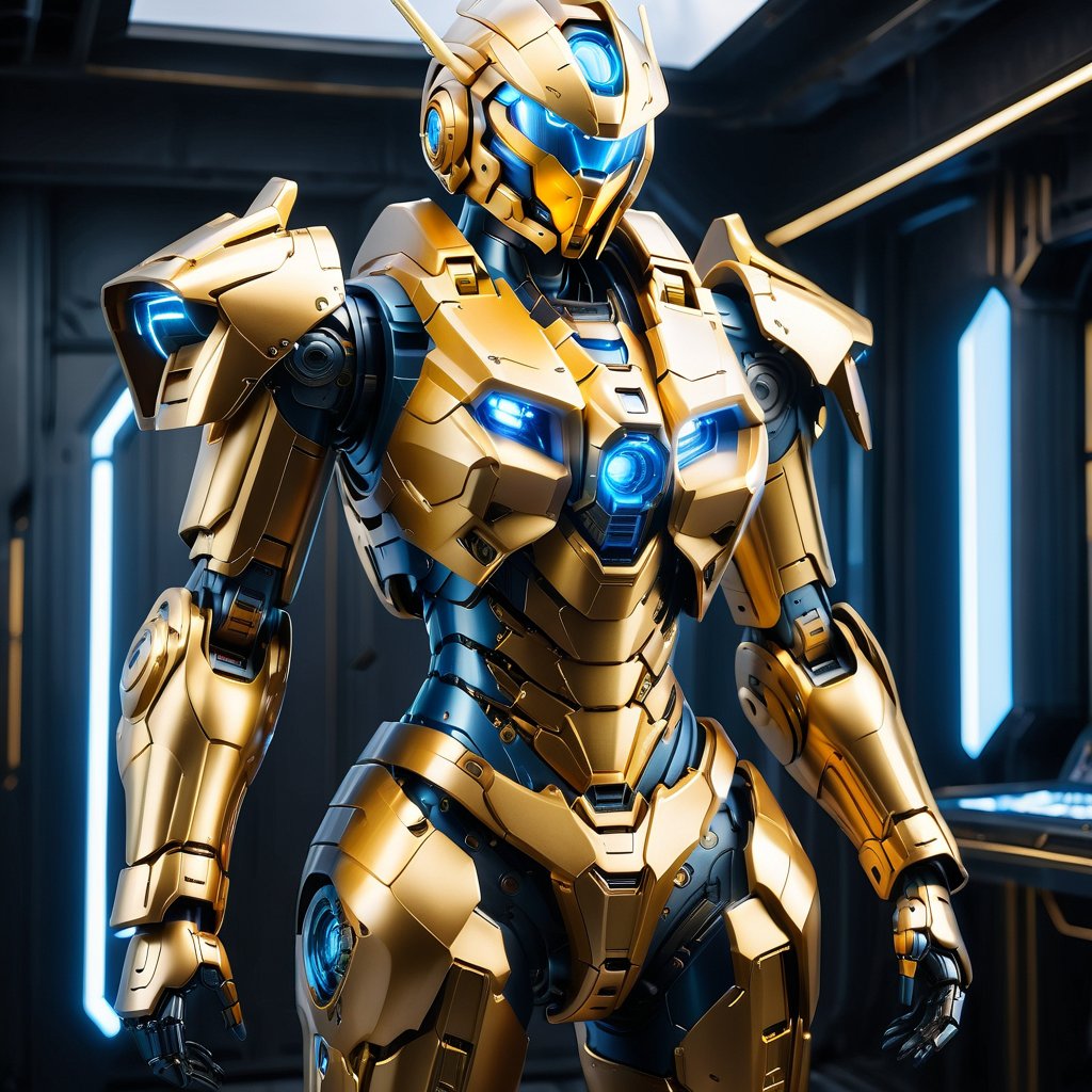 (1girl:1.2), solo, perfect body proportion, huge breasts, bikini mecha, mecha, Golden Warrior Mecha, 
(Masterpiece, Best Quality, 8k:1.2), (Ultra-Detailed, Highres, Extremely Detailed, Absurdres, Incredibly Absurdres, Huge Filesize:1.1), (Photorealistic:1.3), By Futurevolab, Portrait, Ultra-Realistic Illustration, Digital Painting. ,Blue Backlight, Energy light particle mecha, 