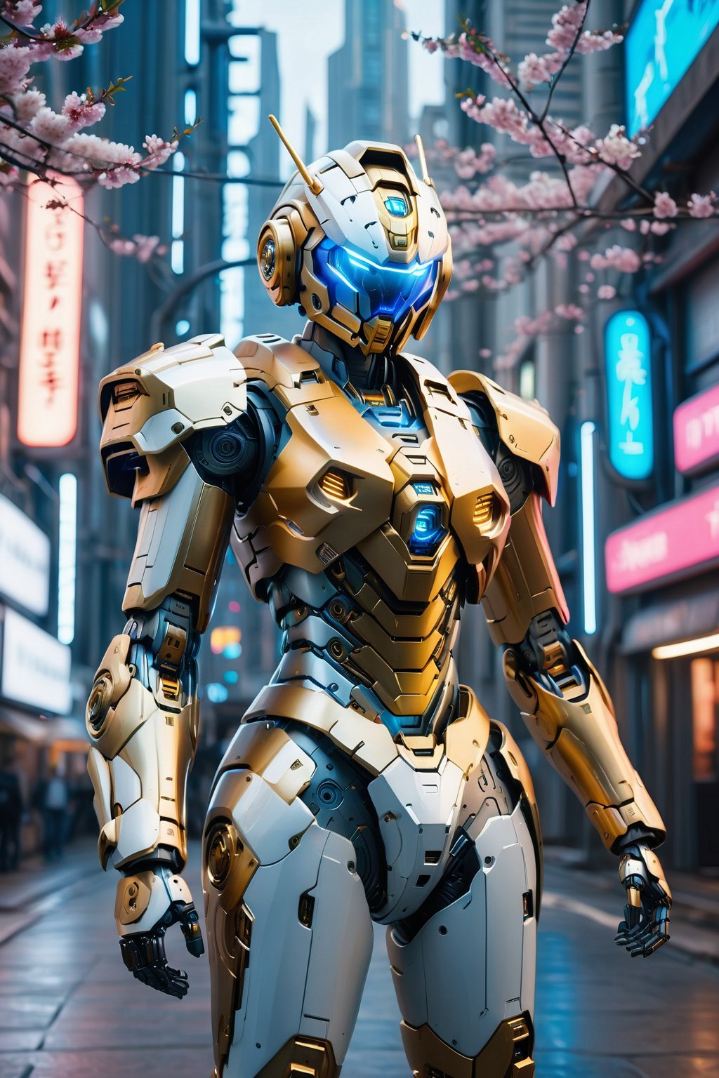 Masterpiece, High quality, 64K, Unity 64K Wallpaper, HDR, Best Quality, RAW, Super Fine Photography, Super High Resolution, Super Detailed, Beautiful and Aesthetic, Stunningly beautiful, Perfect proportions, 
1girl, Solo, White skin, Detailed skin, Realistic skin details, (Bikini Mecha:1.2), (Golden Warrior Mecha:1.3), 
Futuristic Mecha, Arms Mecha, Dynamic pose, Battle stance, Swaying hair, by FuturEvoLab, 
Dark City Night, Cyberpunk City, Cyberpunk architecture, Future architecture, Fine architecture, Accurate architectural structure, Detailed complex busy background, Gorgeous, Cherry blossoms,
Sharp focus, Perfect facial features, Pure and pretty, Perfect eyes, Lively eyes, Elegant face, Delicate face, Exquisite face, Colorful Binary Code Energy, Blue Backlight,