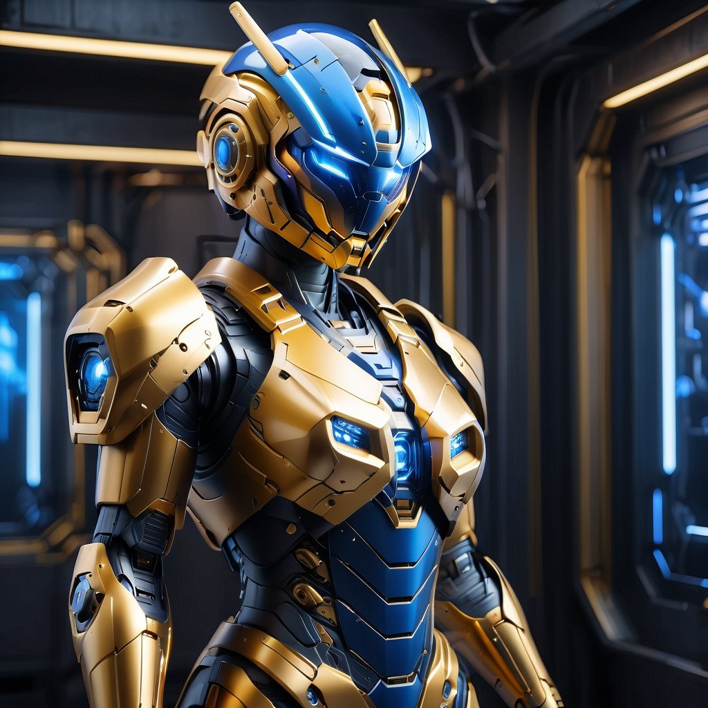 (1girl:1.2), solo, perfect body proportion, huge breasts, bikini mecha, mecha, Golden Warrior Mecha, 
(Masterpiece, Best Quality, 8k:1.2), (Ultra-Detailed, Highres, Extremely Detailed, Absurdres, Incredibly Absurdres, Huge Filesize:1.1), (Photorealistic:1.3), By Futurevolab, Portrait, Ultra-Realistic Illustration, Digital Painting. ,Blue Backlight, Energy light particle mecha, ,Mecha