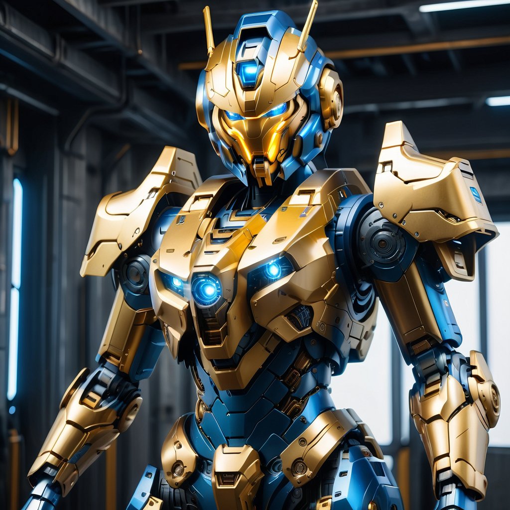 (1girl:1.2), solo, perfect body proportion, huge breasts, bikini mecha, mecha, Golden Warrior Mecha, 
(Masterpiece, Best Quality, 8k:1.2), (Ultra-Detailed, Highres, Extremely Detailed, Absurdres, Incredibly Absurdres, Huge Filesize:1.1), (Photorealistic:1.3), By Futurevolab, Portrait, Ultra-Realistic Illustration, Digital Painting. ,Blue Backlight, Energy light particle mecha, 
