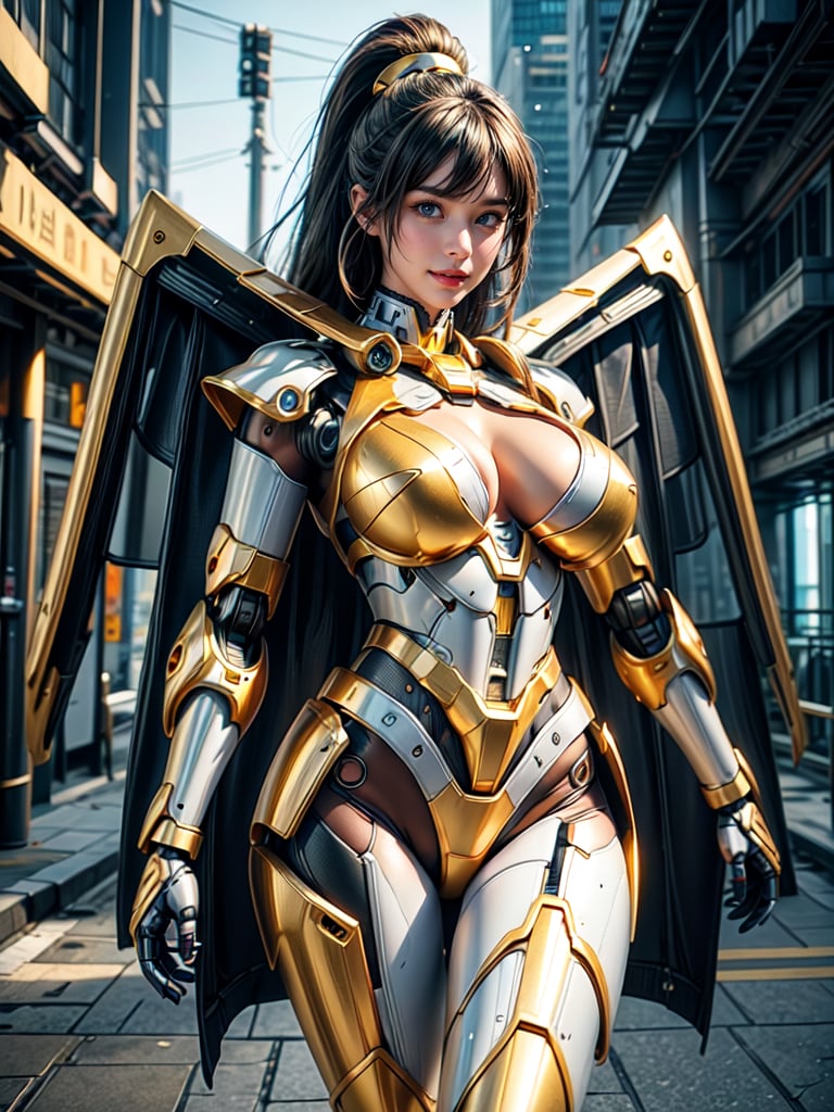 Masterpiece, High quality, 64K, Unity 64K Wallpaper, HDR, Best Quality, RAW, Super Fine Photography, Super High Resolution, Super Detailed, Beautiful and Aesthetic, Stunningly beautiful, Perfect proportions, 
1girl, Solo, White skin, Detailed skin, Realistic skin details, (Bikini Mecha:1.2), (Golden Warrior Mecha:1.3), 
Futuristic Mecha, Arms Mecha, Dynamic pose, Battle stance, Swaying hair, by FuturEvoLab, 
Dark City Night, Cyberpunk City, Cyberpunk architecture, Future architecture, Fine architecture, Accurate architectural structure, Detailed complex busy background, Gorgeous, Cherry blossoms,
Sharp focus, Perfect facial features, Pure and pretty, Perfect eyes, Lively eyes, Elegant face, Delicate face, Exquisite face, Colorful Binary Code Energy, Blue Backlight, 