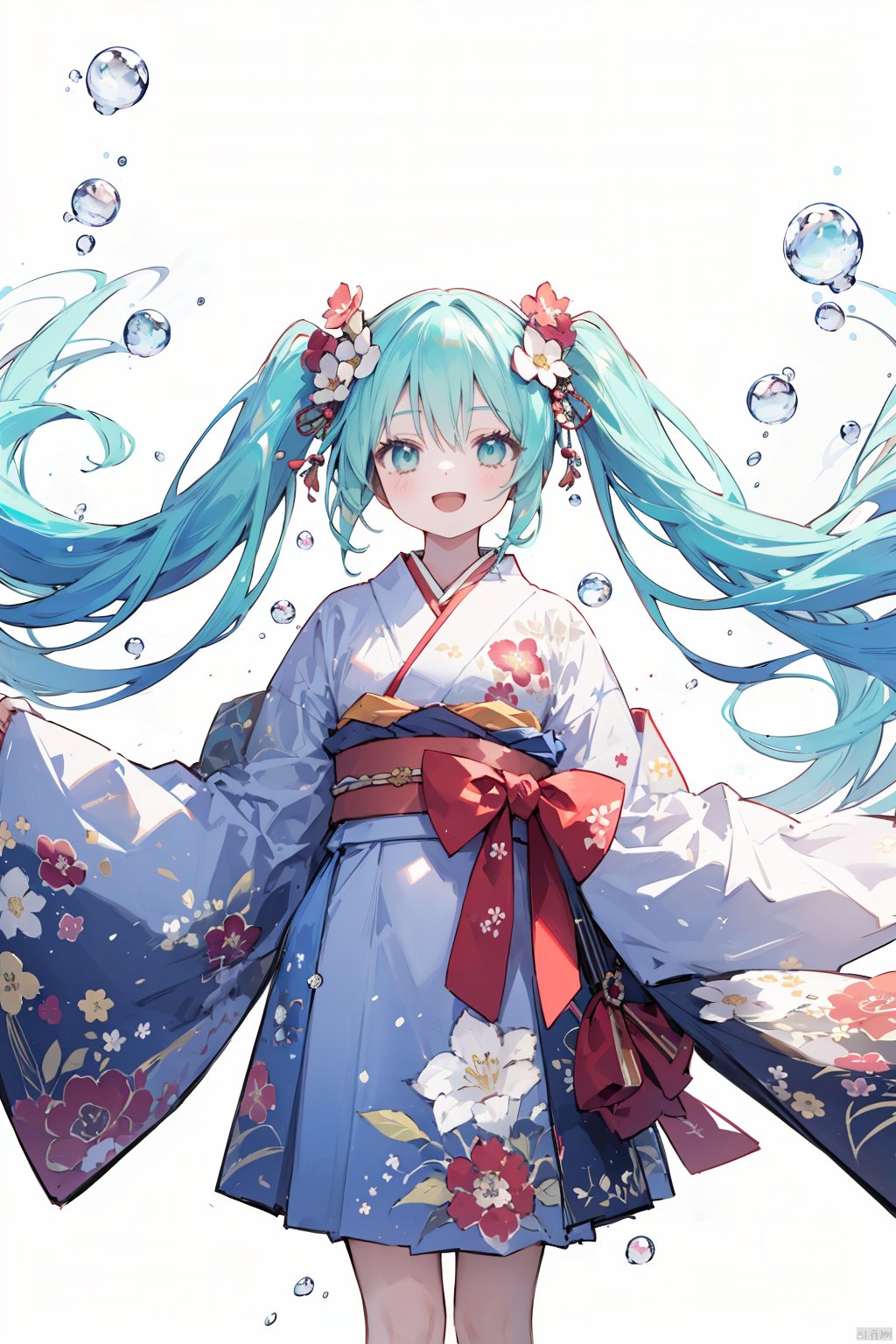  1girl, aqua_eyes, aqua_hair, fish, floating_hair, floral_print, flower, goldfish, hair_flower, hair_ornament, hatsune_miku, japanese_clothes, kimono, long_hair, obi, open_mouth, red_kimono, sash, smile, solo, twintails, very_long_hair, water, white_background, white_flower, wide_sleeves