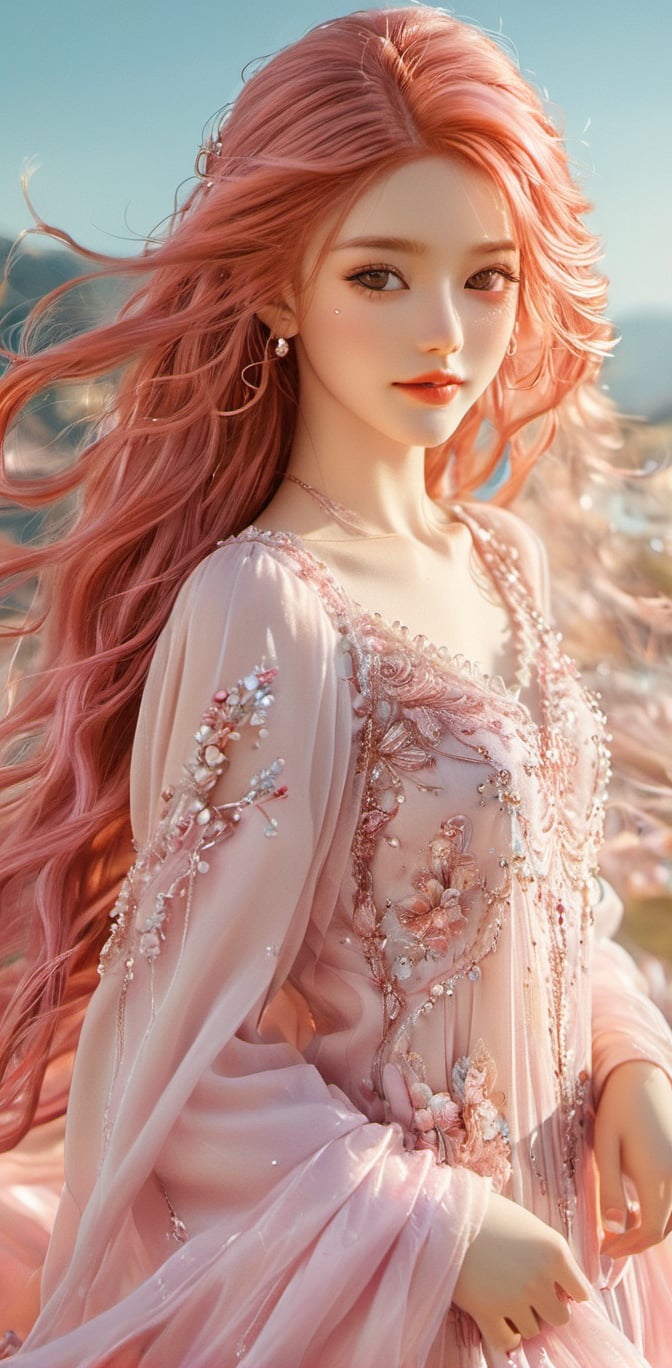 She is a stunning girl with long, flowing pink hair that cascades down her back like a waterfall of cotton candy. Her rosy locks frame her delicate features, enhancing her ethereal beauty. With a radiant smile and sparkling eyes, she captivates all who are lucky enough to behold her.
