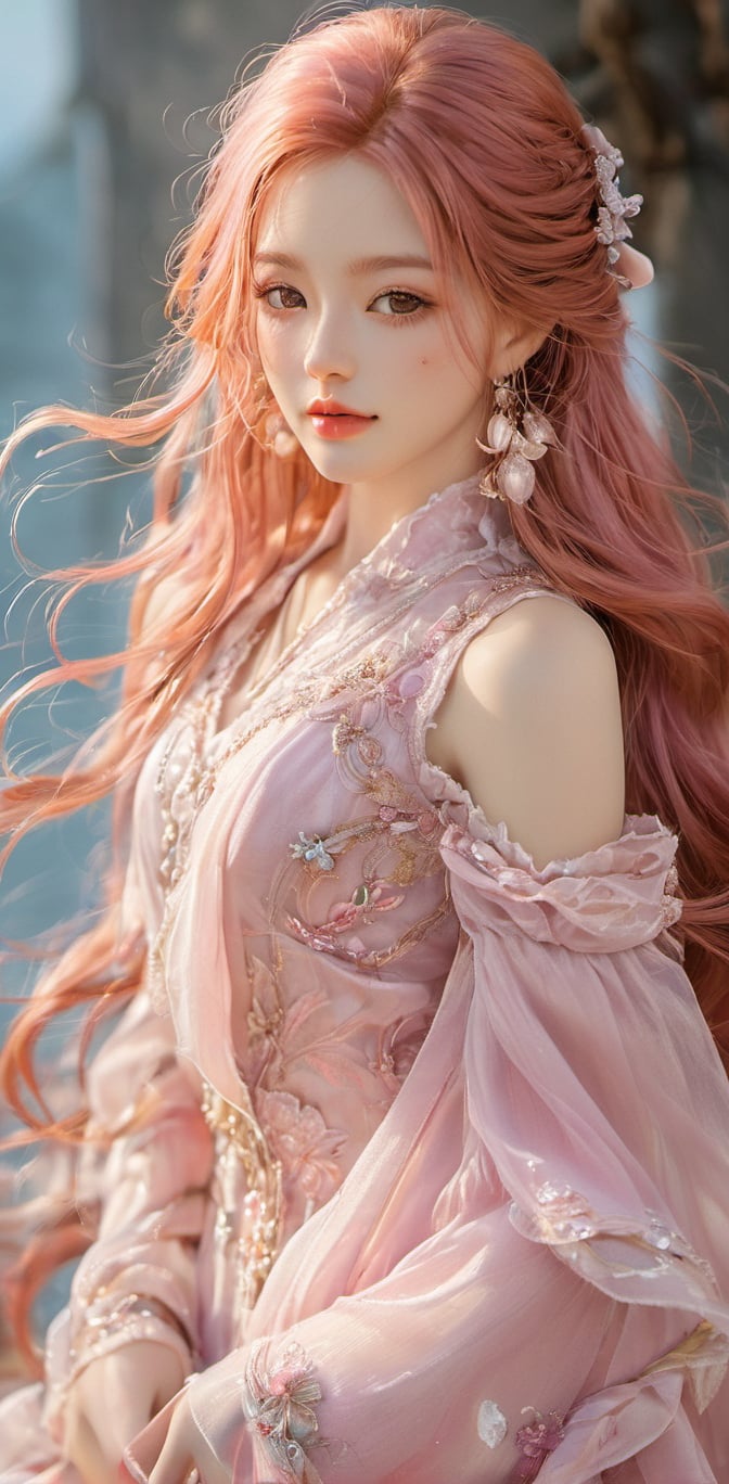 She is a stunning girl with long, flowing pink hair that cascades down her back like a waterfall of cotton candy. Her rosy locks frame her delicate features, enhancing her ethereal beauty. With a radiant smile and sparkling eyes, she captivates all who are lucky enough to behold her.
