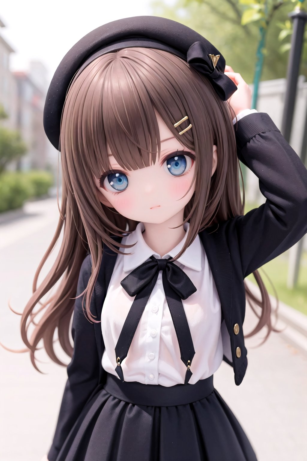 1girl, solo, blue eyes, long hair, brown hair, hat, looking at viewer, shirt, hair ornament, long sleeves, white shirt, skirt, bangs, closed mouth, blurry, black skirt, hairclip, black headwear, beret, arm up, ribbon, depth of field, neck ribbon, upper body, doll, BJD, dtghdg254793, stfhgd796we2, adsderl931sq, cute