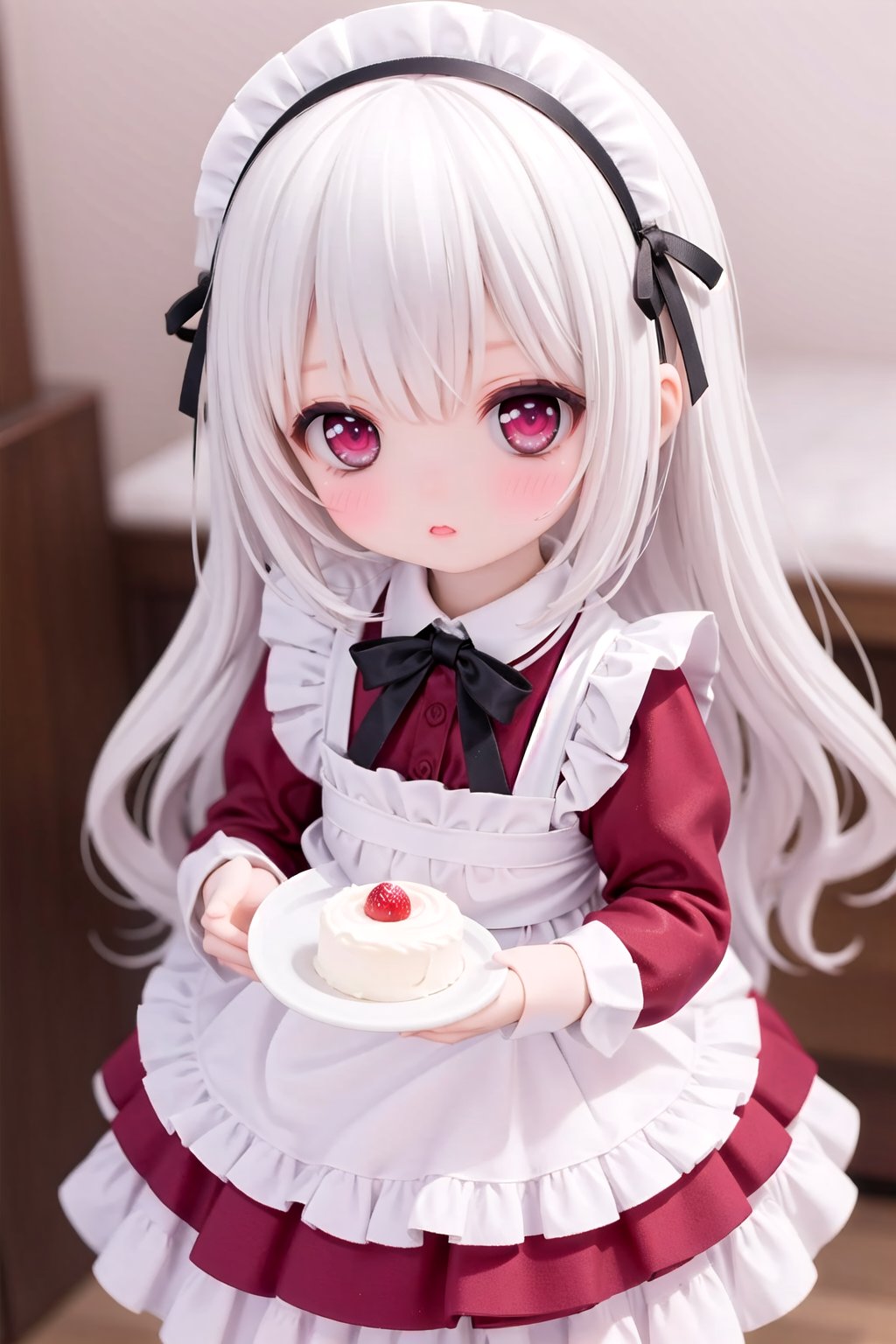 1girl, solo, dress, blush, apron, looking at viewer, pink eyes, maid, blurry, red eyes, pink dress, blurry background, maid headdress, long sleeves, child, long hair, female child, hairband, white hair, doll, cute