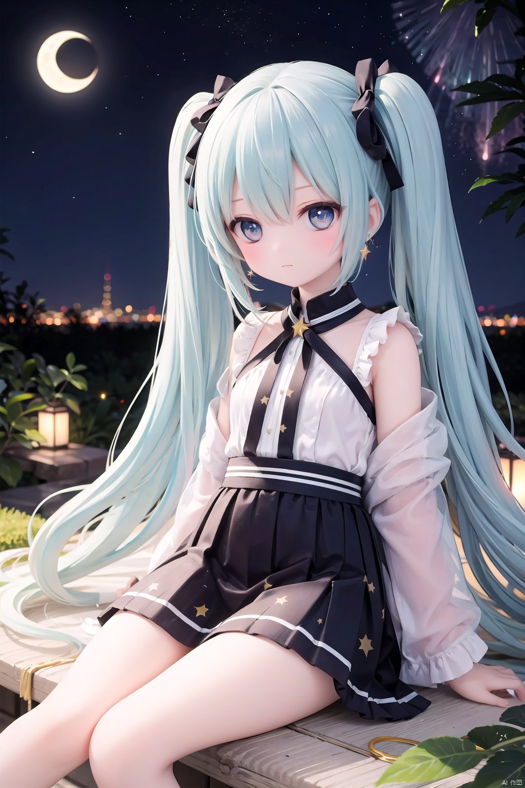 1girl, aerial_fireworks, aqua_hair, aurora, bamboo, bare_tree, christmas_tree, city_lights, closed_eyes, constellation, crescent_moon, dress, earrings, earth_\(planet\), fireflies, galaxy, hatsune_miku, in_tree, jewelry, leaf, long_hair, milky_way, moon, nature, night, night_sky, outdoors, pine_tree, planet, plant, shooting_star, sitting, sitting_in_tree, sky, solo, space, star_\(sky\), star_\(symbol\), starry_background, starry_sky, starry_sky_print, tanabata, tanzaku, telescope, tree, twilight, twintails, very_long_hair, vines