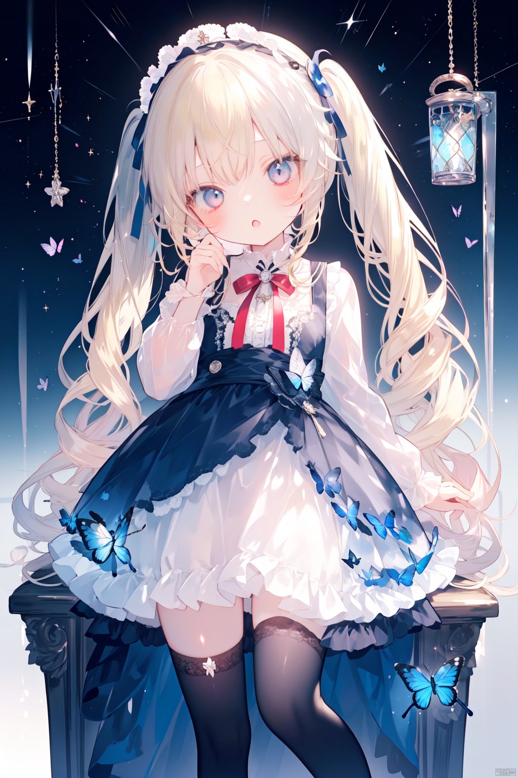 1girl, loli, long hair, twintails, dress, black thighhighs, gothic, blonde hair,
standing, no shoes, bangs between hair, 
butterfly, head tilt, :o, night, star, cards,butterfly