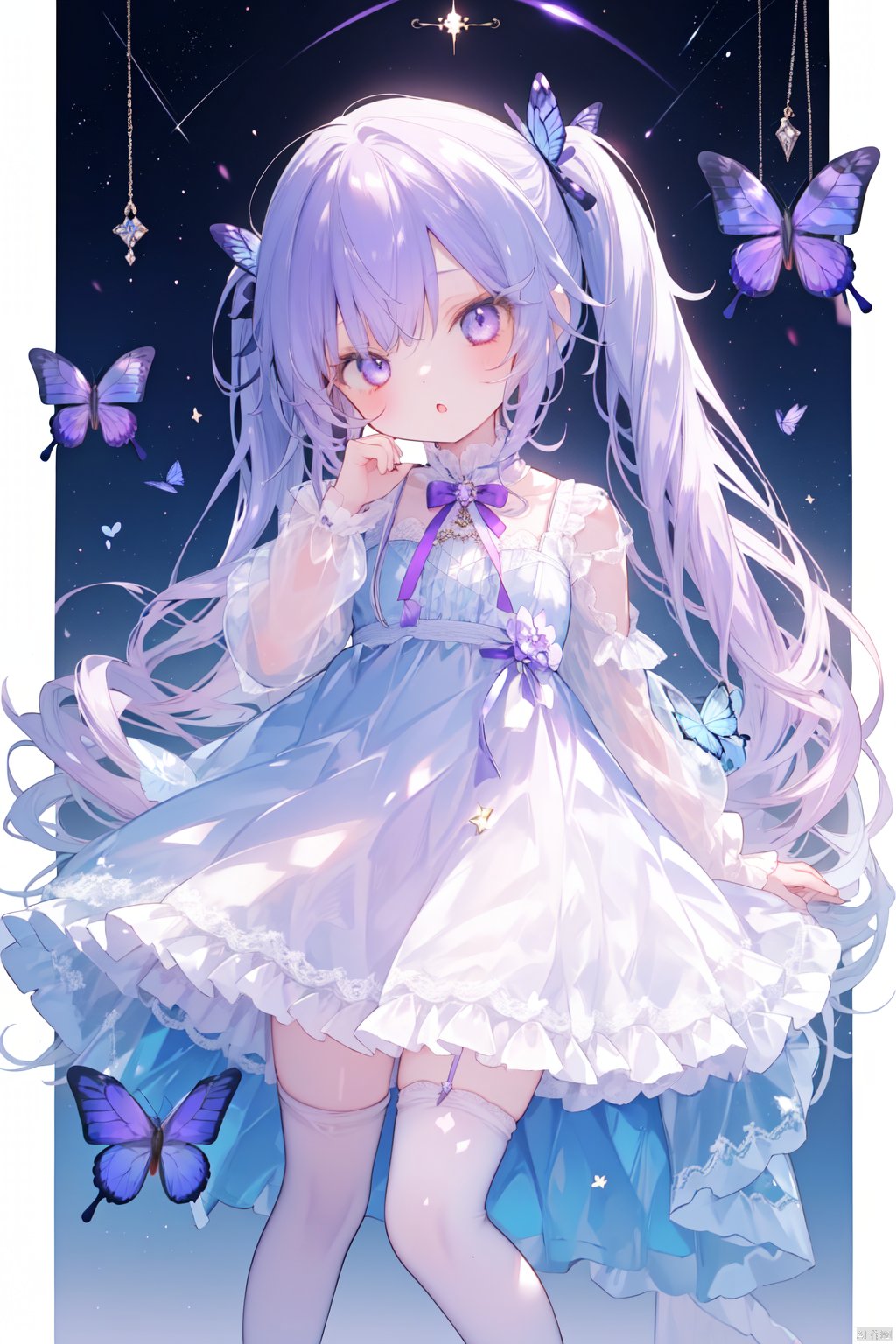 1girl, loli, long hair, twintails, dress, white pantyhose, gothic, purple hair, heteromonic,
standing, no shoes, bangs between hair, night,
butterfly, head tilt, :o, night, star, cards,butterfly