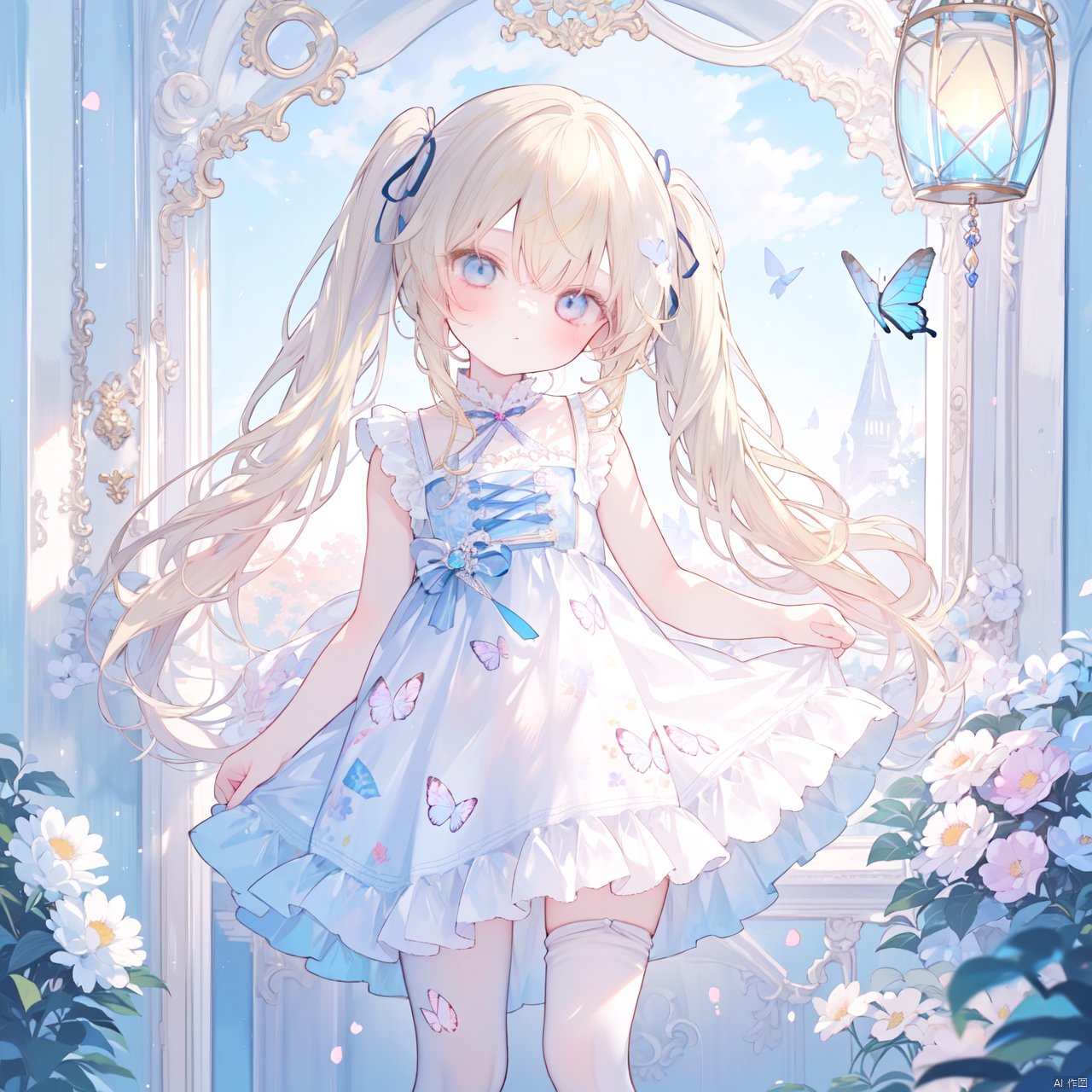 1girl, loli, long hair, twintails, dress, white pantyhose, floral printed pantyhose, white frilled, blonde hair, heteromonic, dynamic angle,
standing, no shoes, bangs between hair, night,
butterfly, head tilt, night, star, cards,butterfly