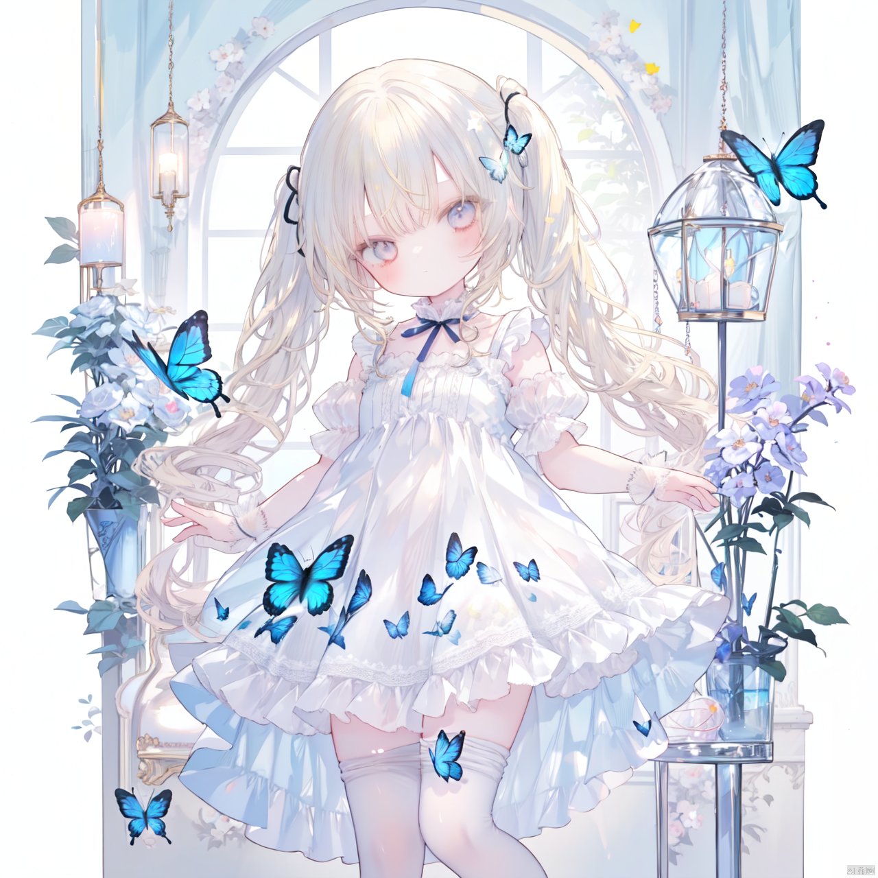 1girl, loli, long hair, twintails, dress, white pantyhose, floral printed pantyhose, white frilled, blonde hair, heteromonic, dynamic angle,
standing, no shoes, bangs between hair, night,
butterfly, head tilt, night, star, cards,butterfly