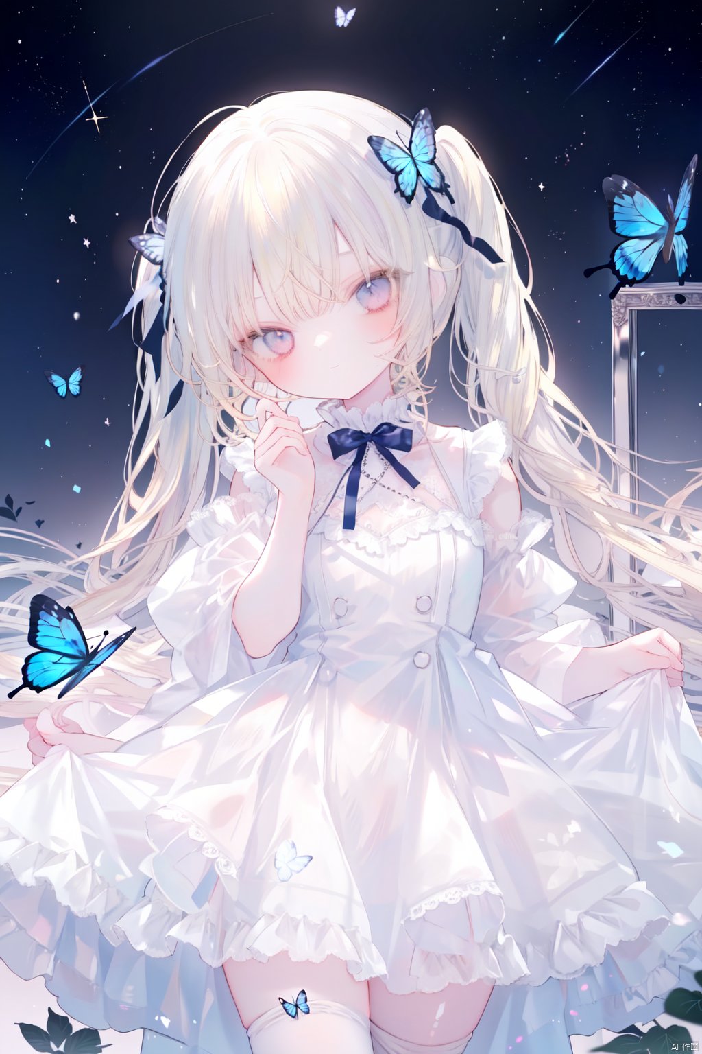  1girl, loli, long hair, dress, white pantyhose, white frilled, blonde hair, heteromonic, dynamic angle, gothic delusion,
bangs between hair, night, twintails,
butterfly, head tilt, night, star, cards,butterfly