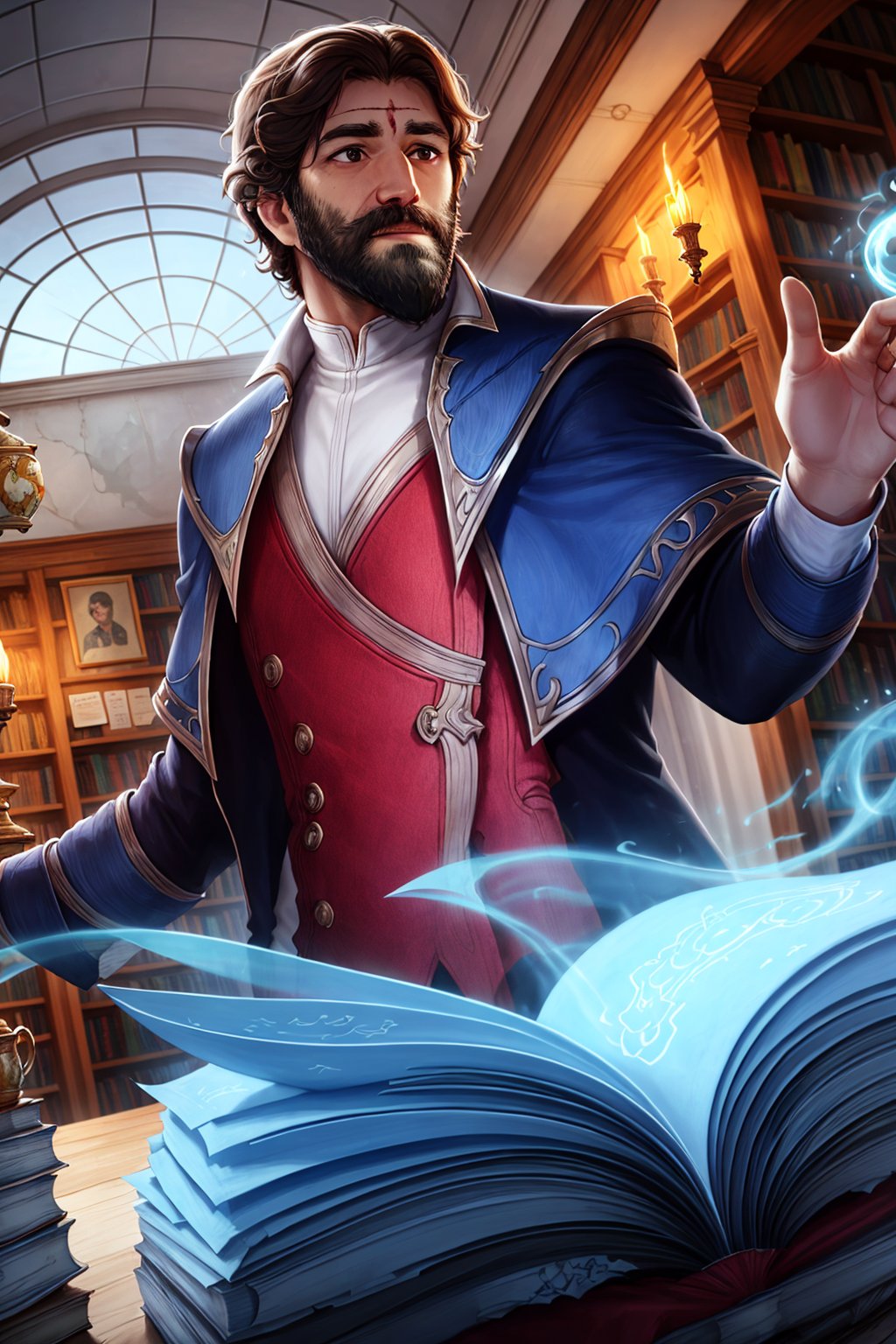 BGT_style_lora_by_niolas, solo, brown hair, black hair, 1boy, male focus, artist name, indoors, cape, book, facial hair, watermark, scar, beard, open book, mustache, bookshelf, magic, lamp, candle, scroll, book stack, floating object, quill, floating book<lora:EMS-310515-EMS:0.600000>