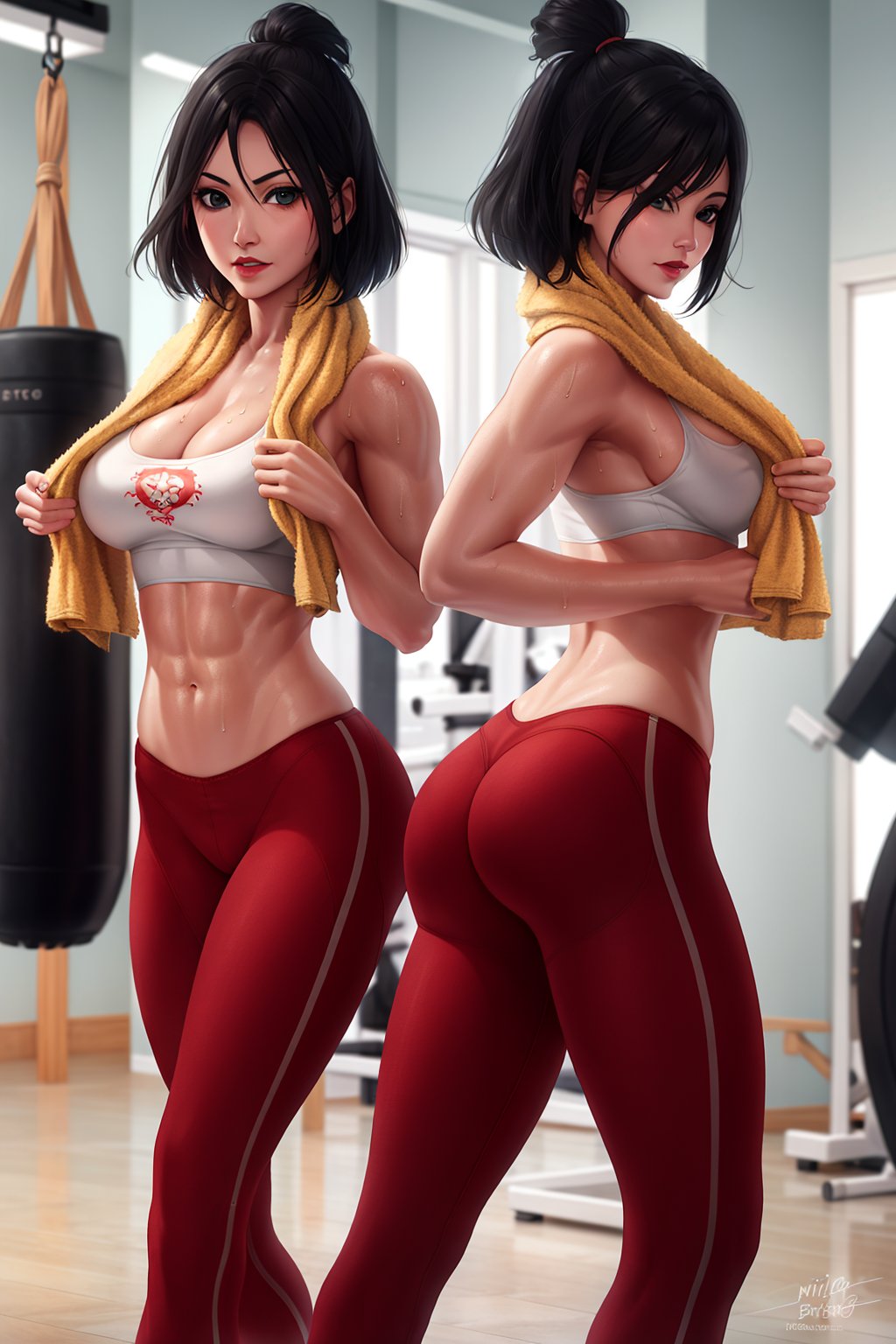 BGT_style_lora_by_niolas, 1girl, looking at viewer, black hair, navel, cleavage, medium breasts, ass, sweat, pants, indoors, signature, lips, abs, towel, reflection, toned, sports bra, mirror, towel around neck, exercise, yoga pants, gym<lora:EMS-310515-EMS:0.600000>