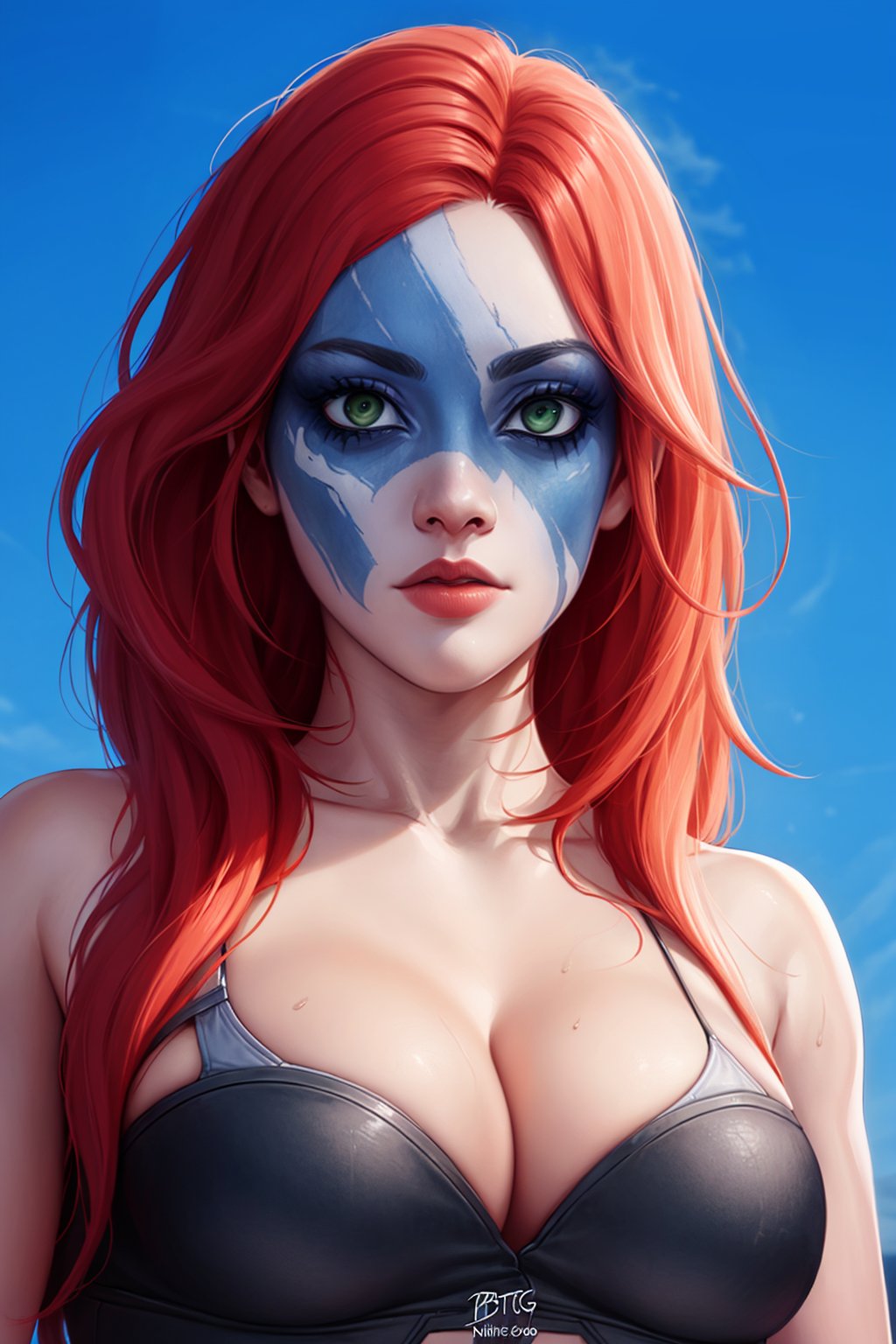 BGT_style_lora_by_niolas, 1girl, solo, long hair, looking at viewer, cleavage, medium breasts, green eyes, upper body, red hair, artist name, lips, blue background, scar, nose, facepaint<lora:EMS-310515-EMS:0.600000>