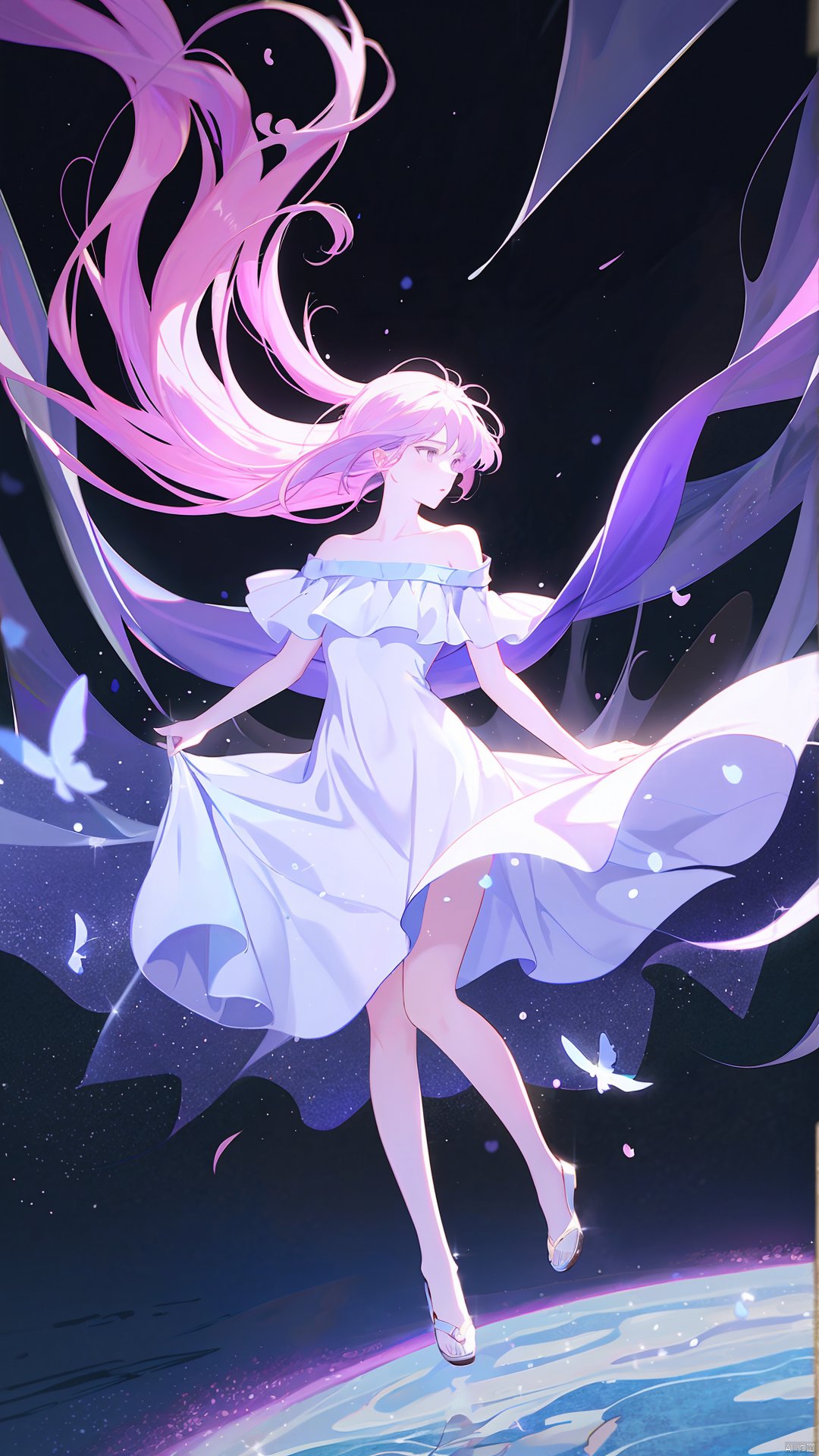 1girl, solo, long hair, dress, bare shoulders, purple eyes, collarbone,full body, pink hair, parted lips, off shoulder, white dress, floating hair, looking away, wind