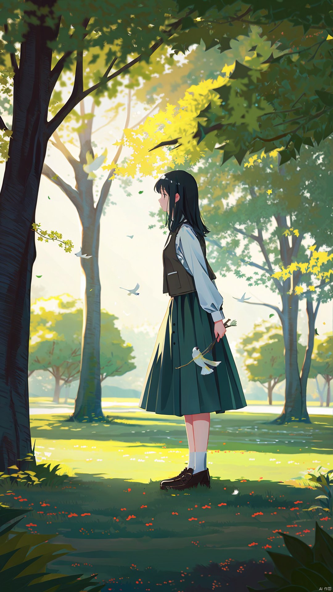 flat-style,1girl, bird, solo, outdoors, black hair, tree, skirt, long hair, vest, long sleeves