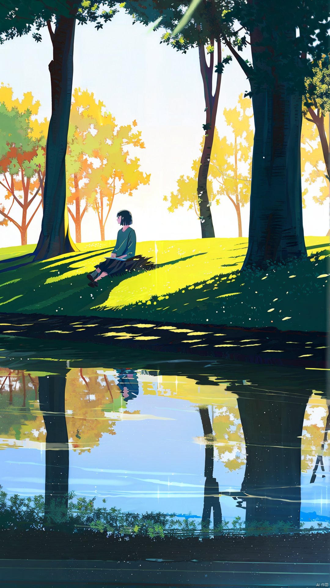 flat-style,1girl, solo, reflection, wide shot, tree, sitting, black hair