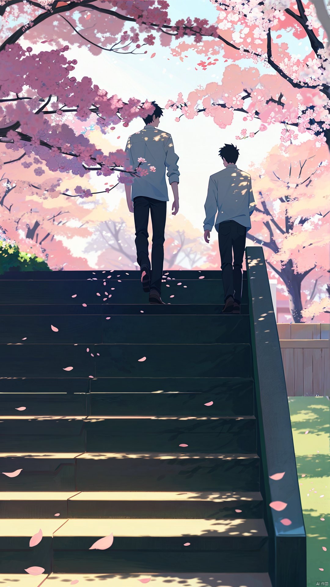 flat-style,cherry blossoms, shirt, black pants, wide shot, white shirt, multiple boys, 2boys, pants, petals, tree, outdoors, male focus, shadow, standing