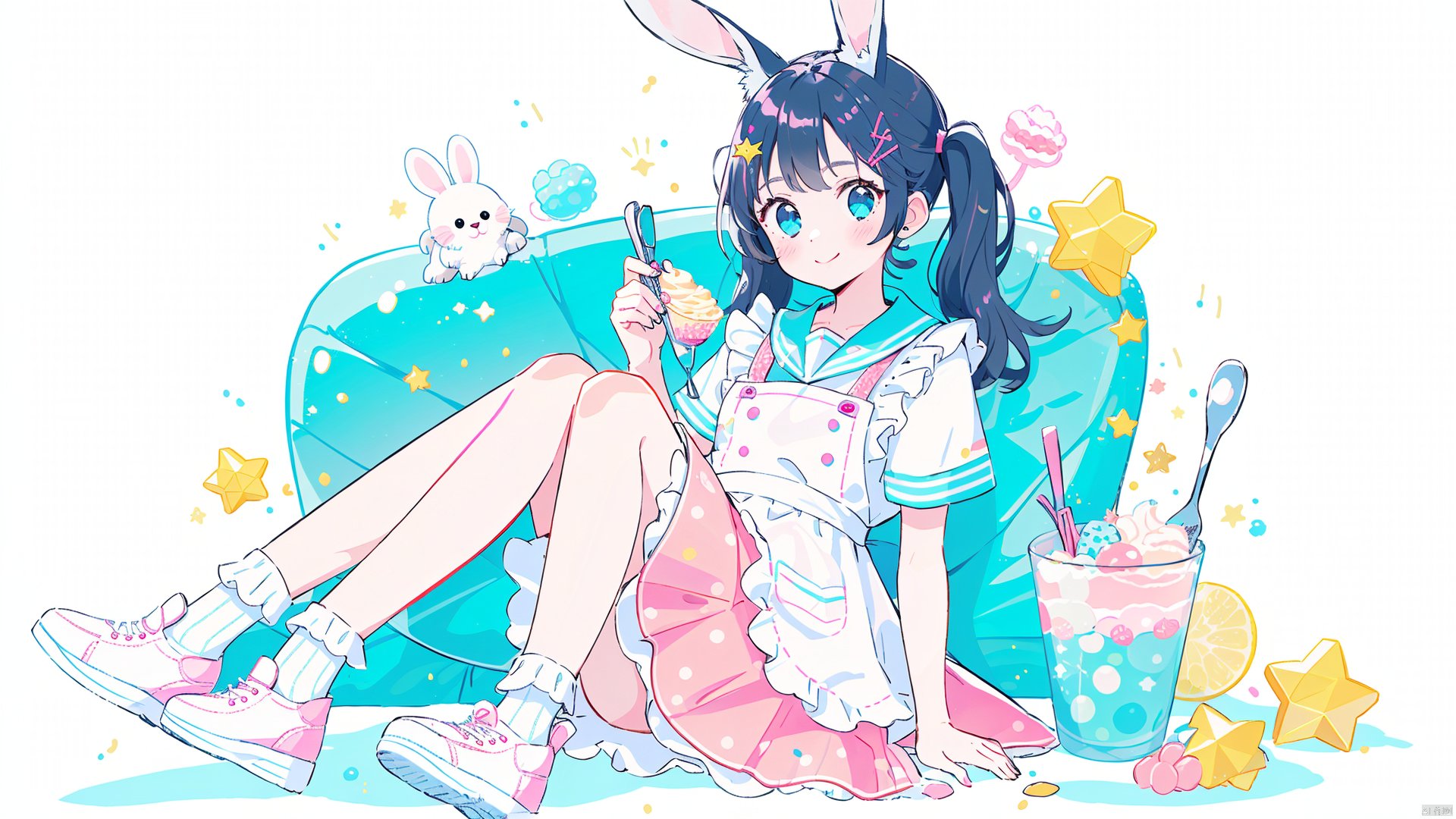 1girl, solo, animal ears, spoon, closed mouth, holding, pink sailor collar, holding spoon, white apron, rabbit ears, frilled apron, short sleeves, sailor collar, twintails, long hair, blush, apron, shoe soles, socks, blue eyes, food, smile, white socks, shoes, ice cream, bangs, frills, cup, hairclip, shirt, white shirt, sitting, hair ornament, black hair, white background, pink footwear, star \(symbol\), pink skirt, tail, bow, polka dot, looking at viewer, blue background, skirt, holding food