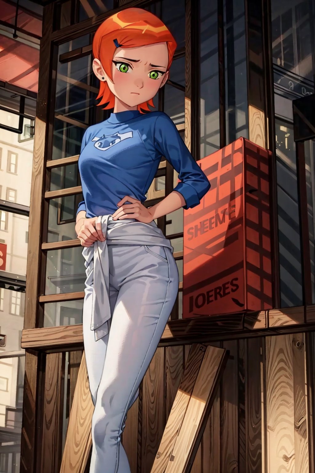 ((masterpiece)), ((More_Detail)). | 1girl, solo, short hair, orange hair, green eyes. | Clothes= (winter). | Pose= (hands on waist).,1girl