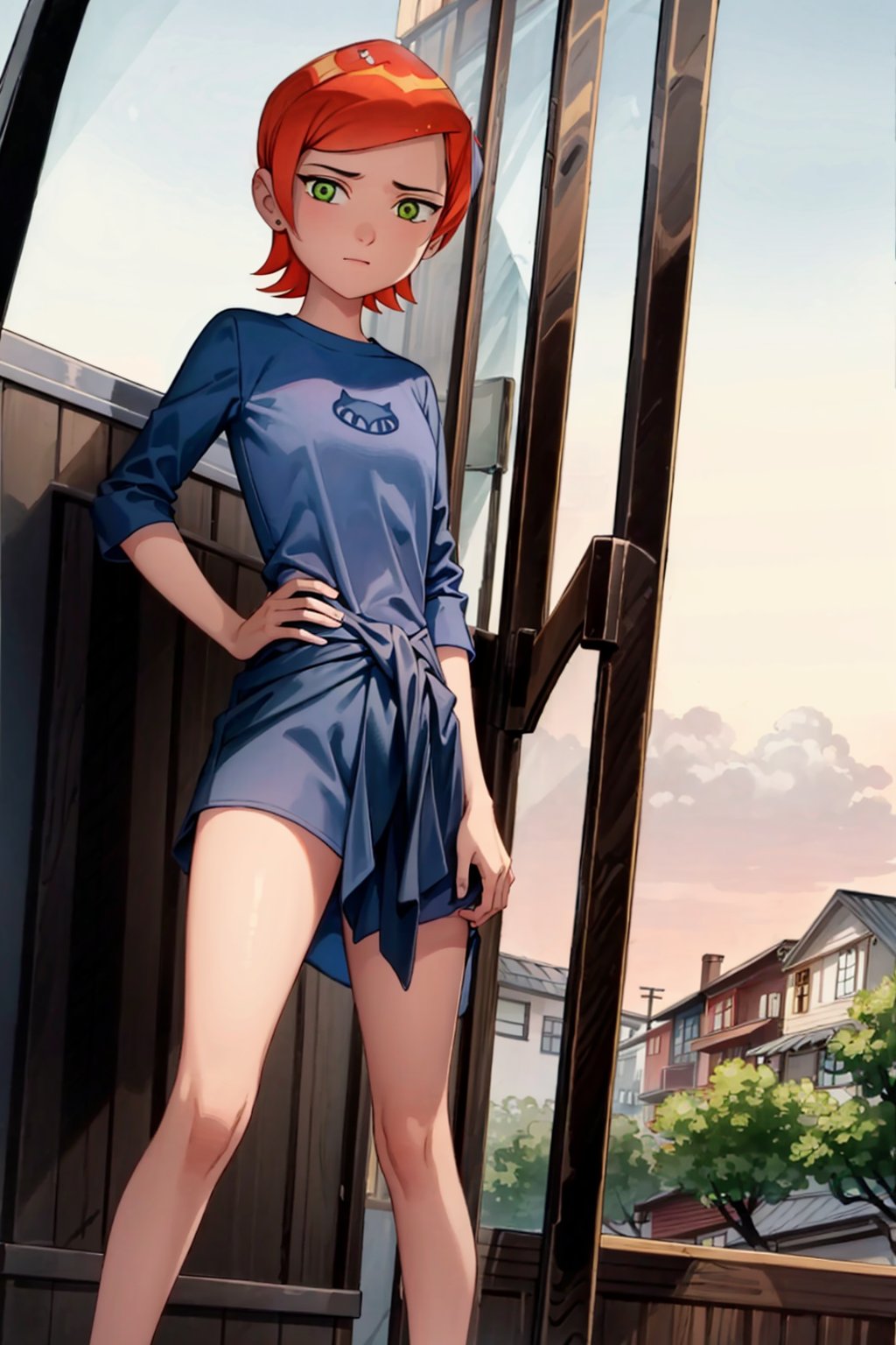 ((masterpiece)), ((More_Detail)). | 1girl, solo, short hair, orange hair, green eyes. | Clothes= (summer). | Pose= (hands on waist). | Close_Camera= (Bottom to top).