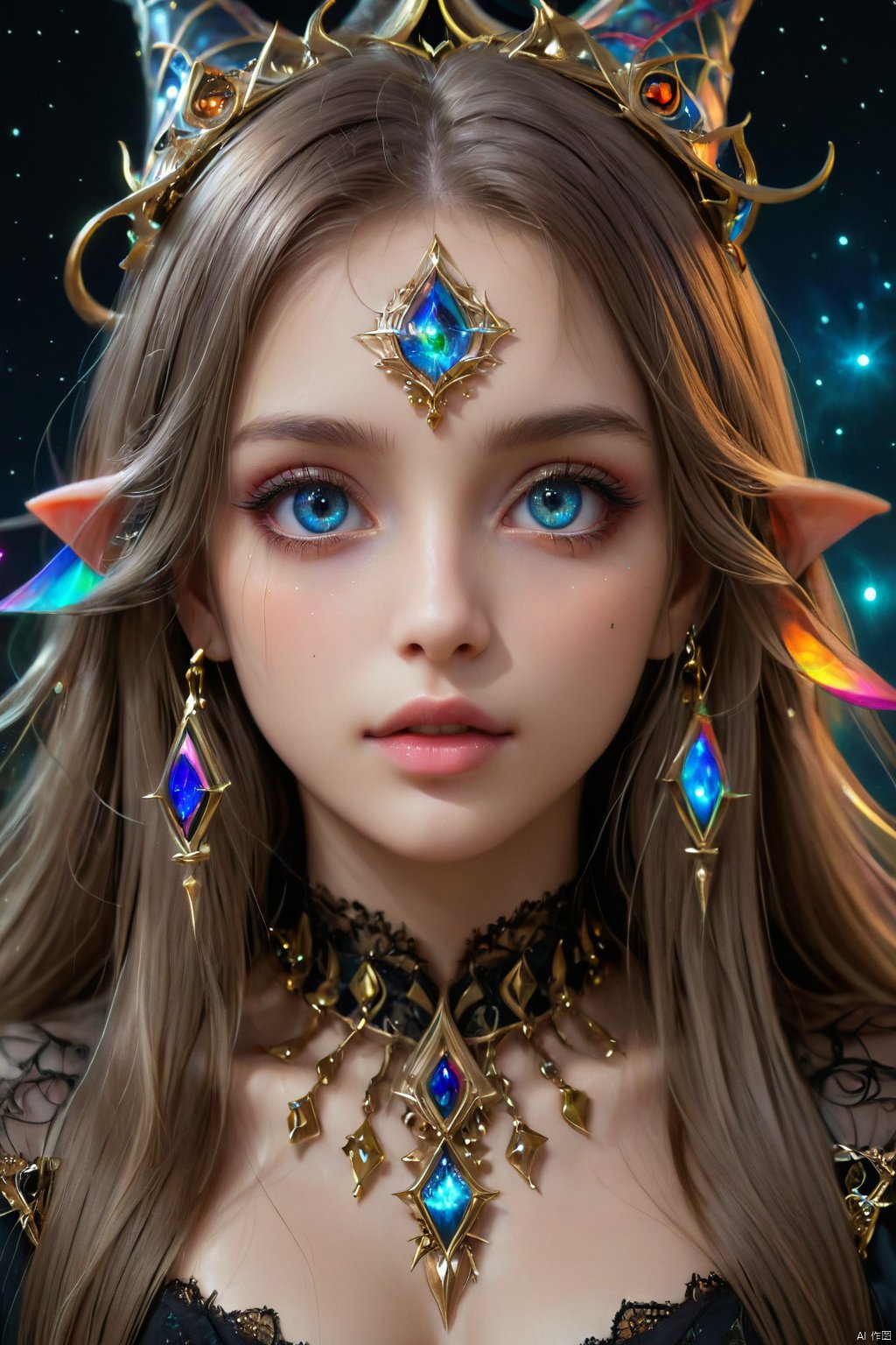  official art,beautiful and aesthetic,1girl,long hair,beautiful face,detailed eyes,colorful,jewelry,night,(realistic:1.5),extreme detailed,(fractal art:1.3),witch, half body,hologram girl