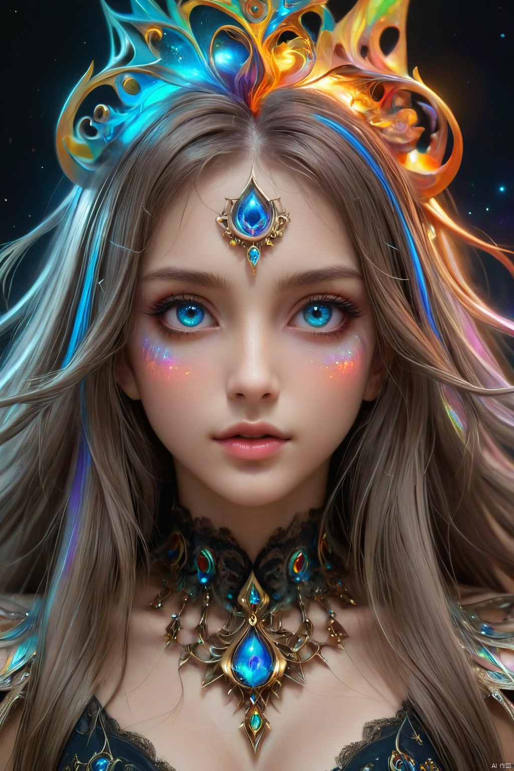  official art,beautiful and aesthetic,1girl,long hair,beautiful face,detailed eyes,colorful,jewelry,night,(realistic:1.5),extreme detailed,(fractal art:1.3),witch, half body,hologram girl