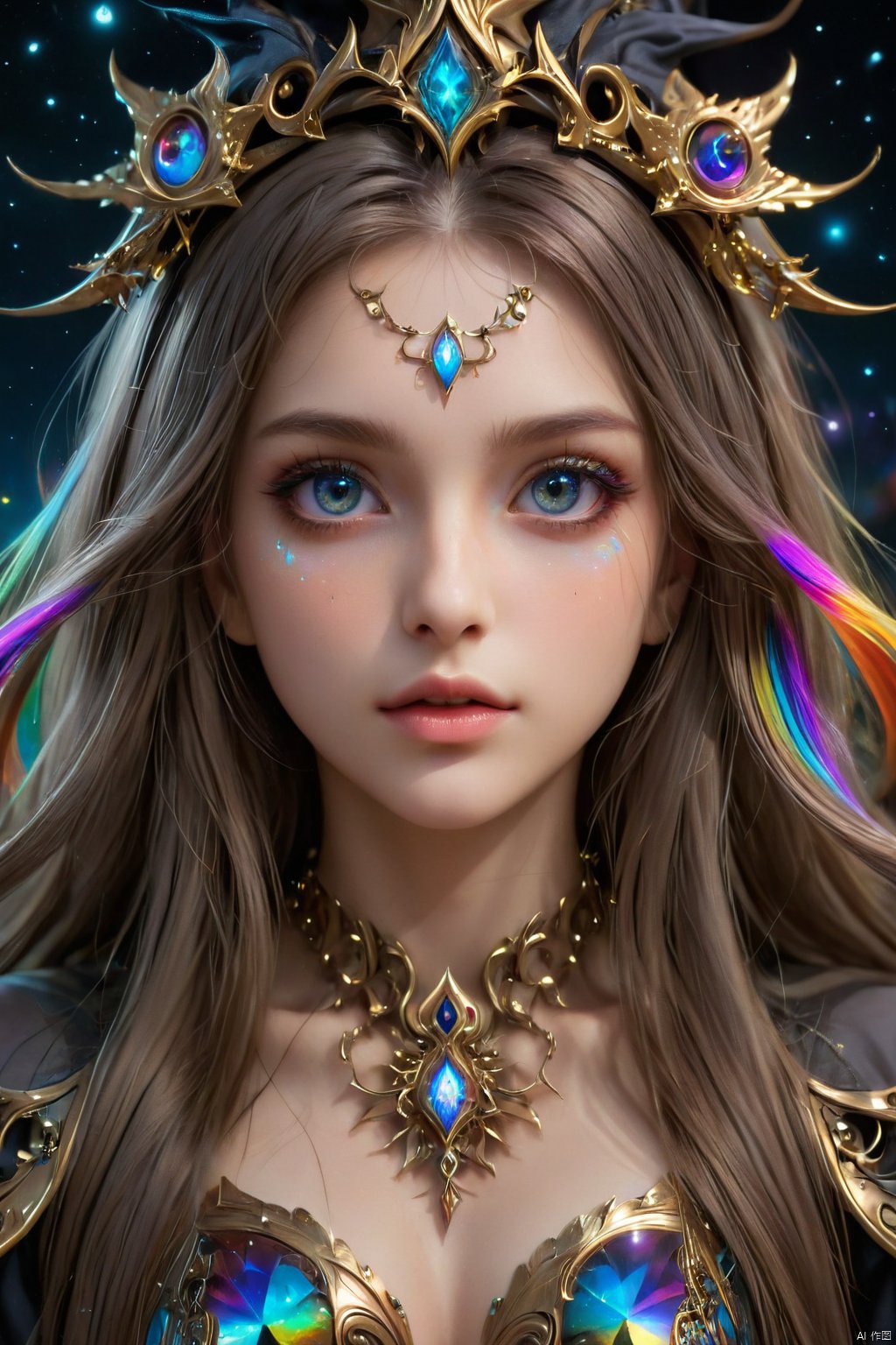  official art,beautiful and aesthetic,1girl,long hair,beautiful face,detailed eyes,colorful,jewelry,night,(realistic:1.5),extreme detailed,(fractal art:1.3),witch, half body,hologram girl