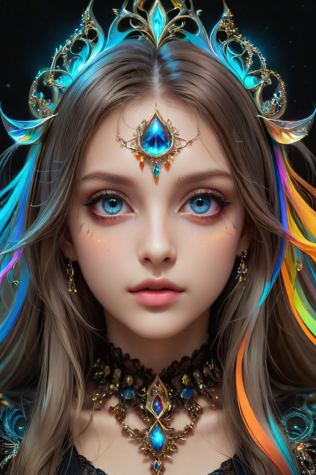  official art,beautiful and aesthetic,1girl,long hair,beautiful face,detailed eyes,colorful,jewelry,night,(realistic:1.5),extreme detailed,(fractal art:1.3),witch, half body,hologram girl